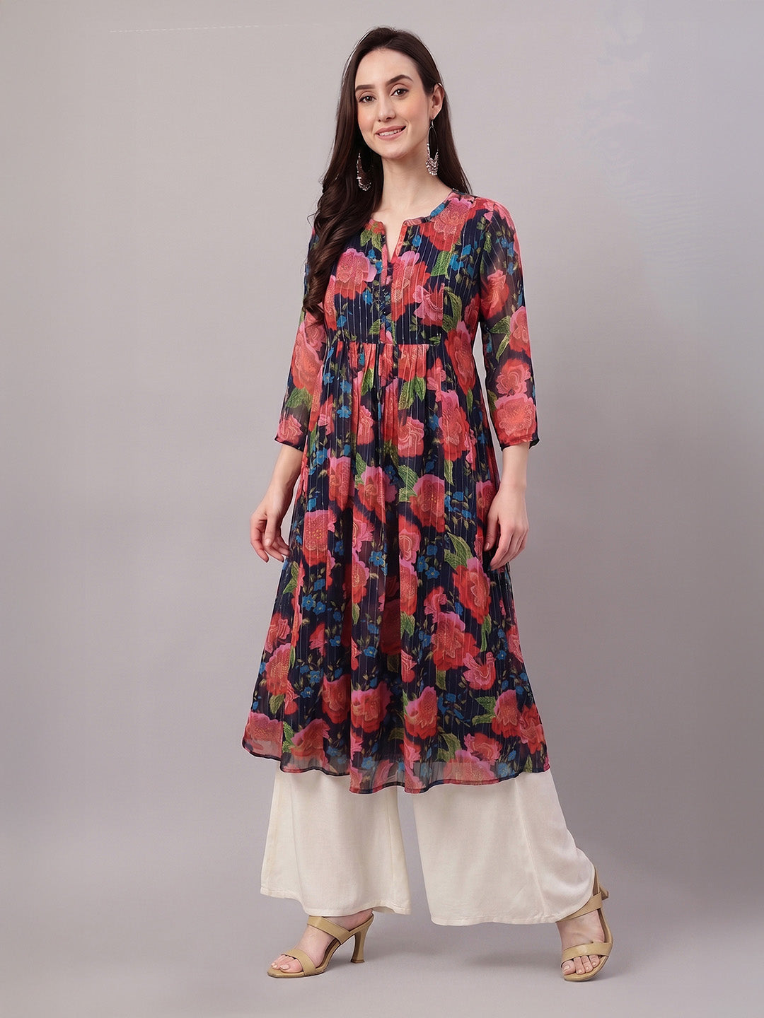 Janasya Black Gathered Chiffon Kurta