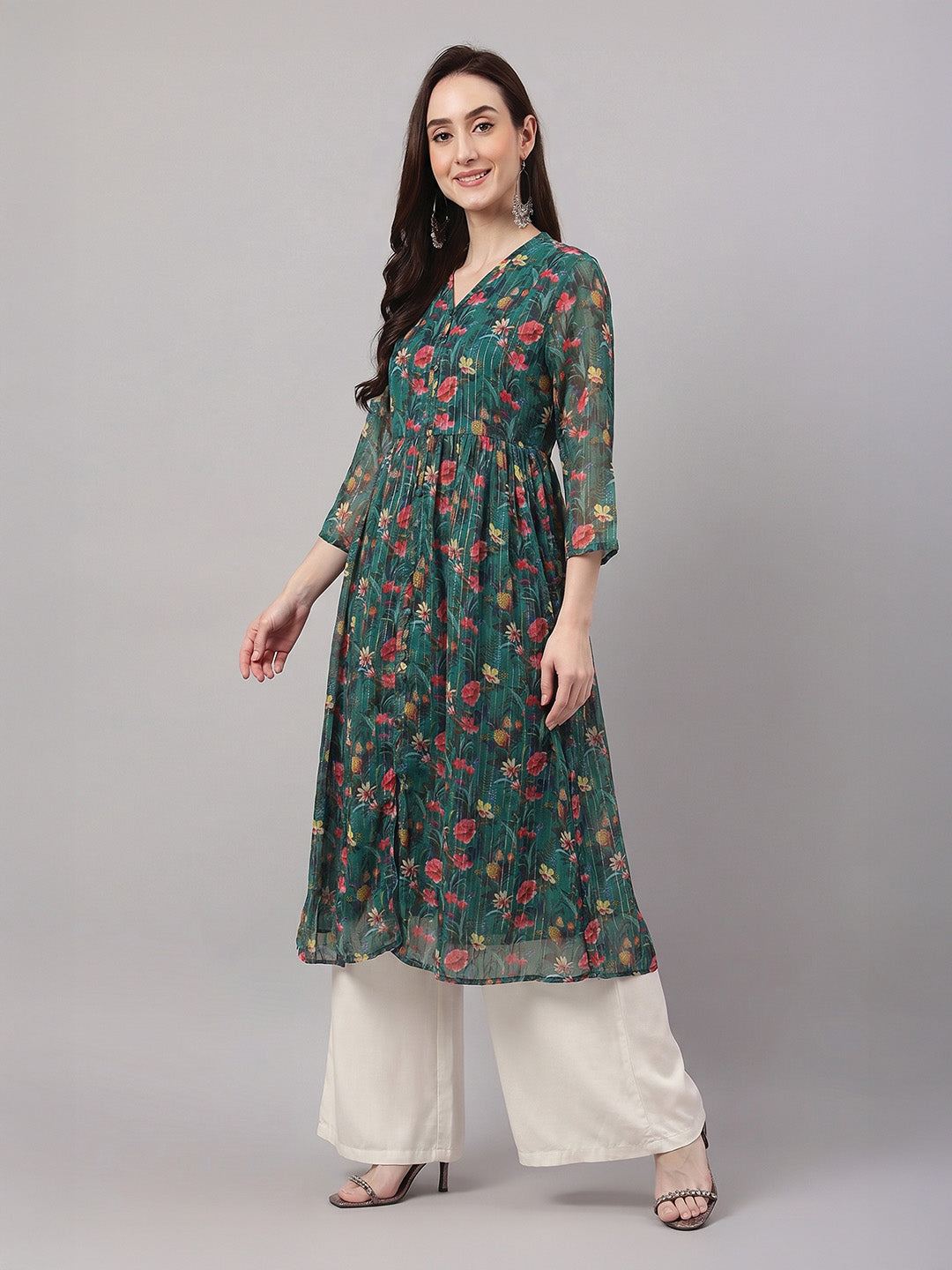 Janasya Bottle Green A-Line Chiffon Lurex Kurta