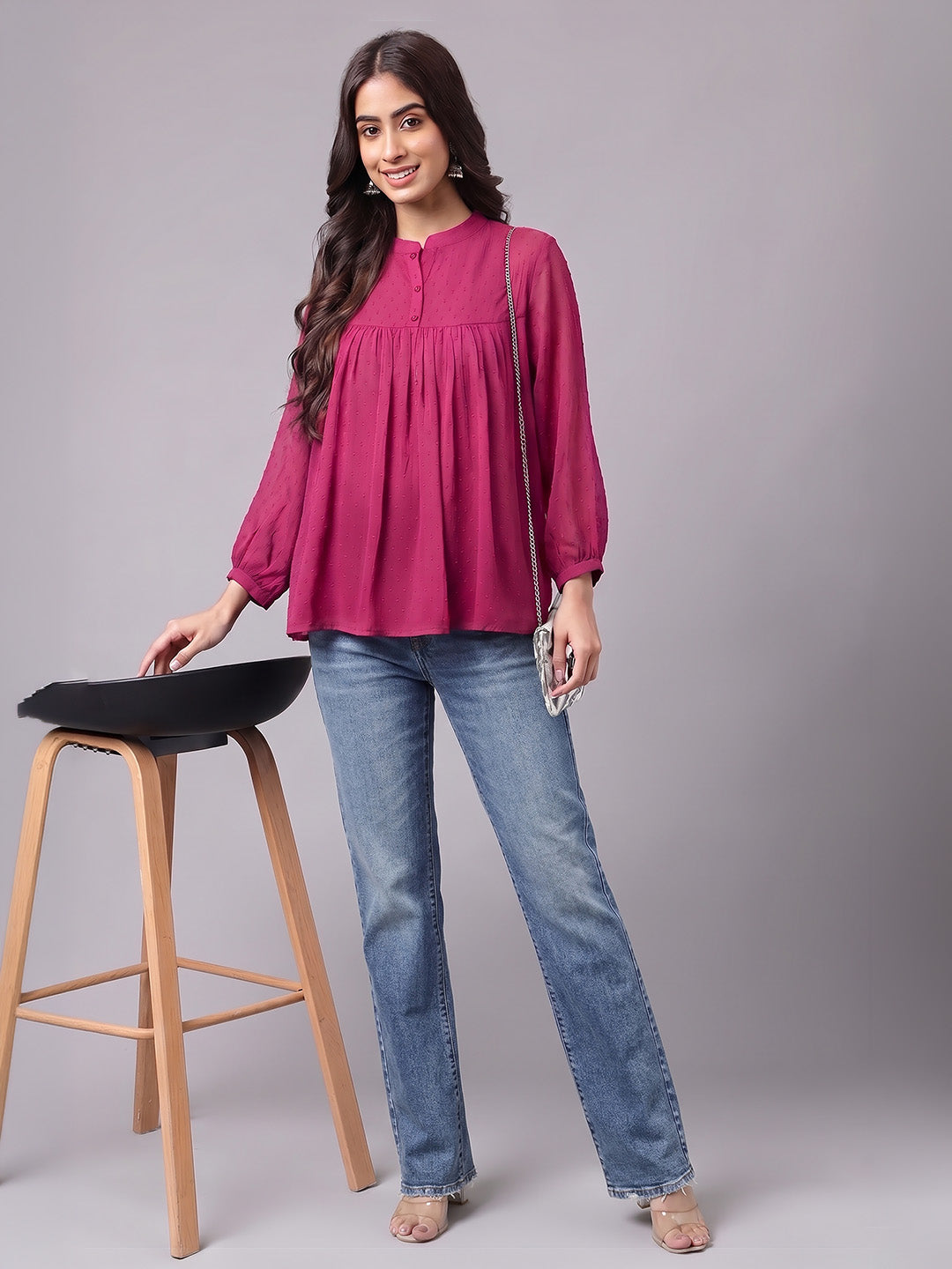 Janasya Magenta Gathered Dobby Chiffon Top