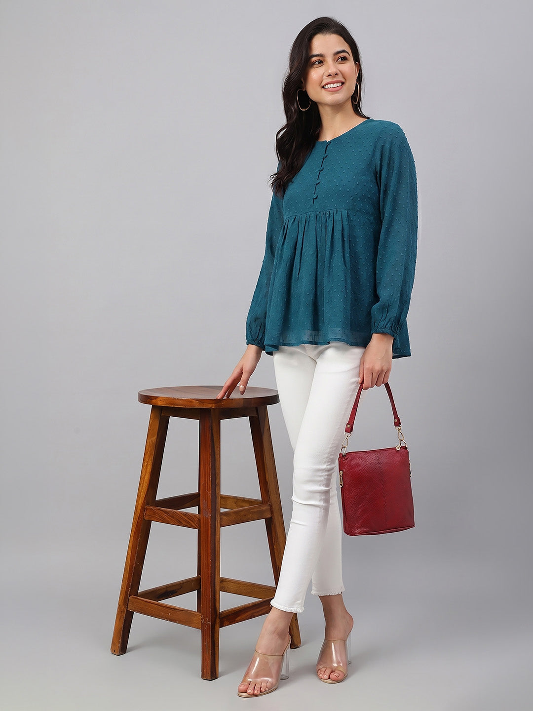 Janasya Teal Gathered Dobby Chiffon Top