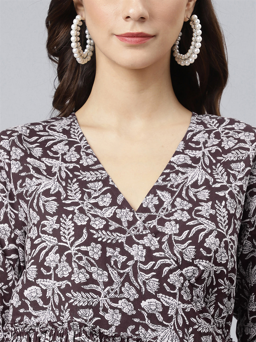 Janasya Dark Cotton Floral Angrakha Dress