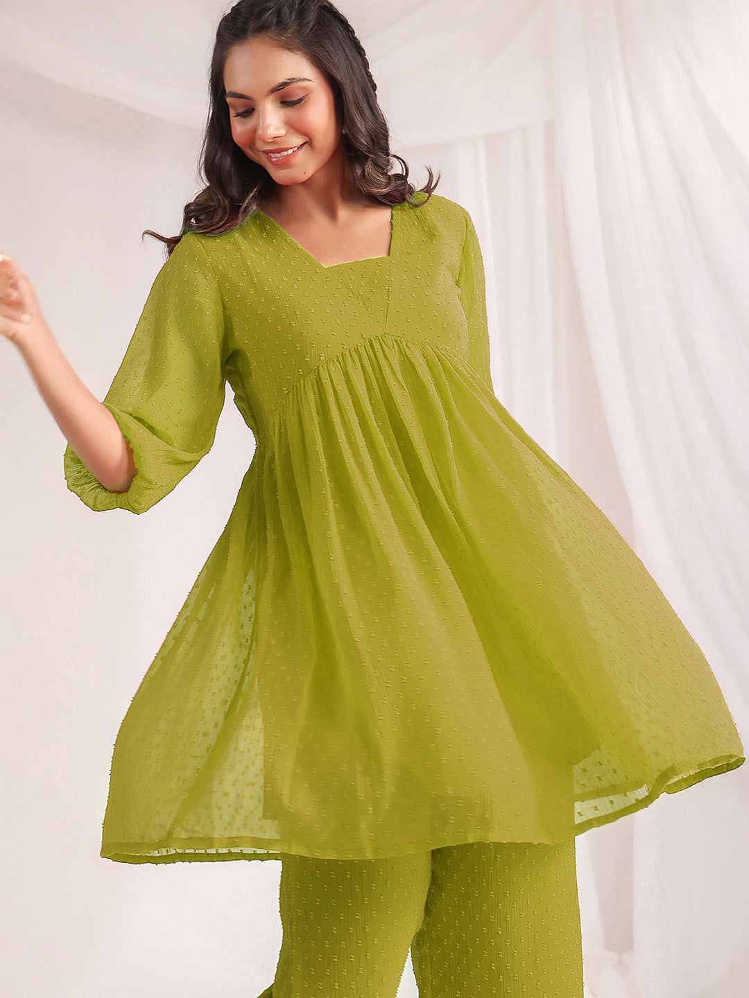 Janasya Lime A-Line Dobby Chiffon Pant Co-ord Sets