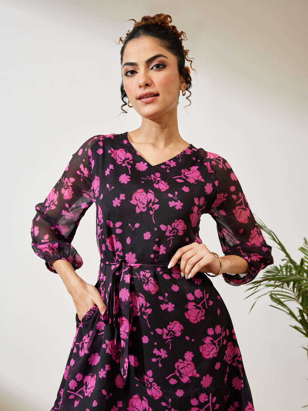 Janasya Black A-Line Chiffon Dress
