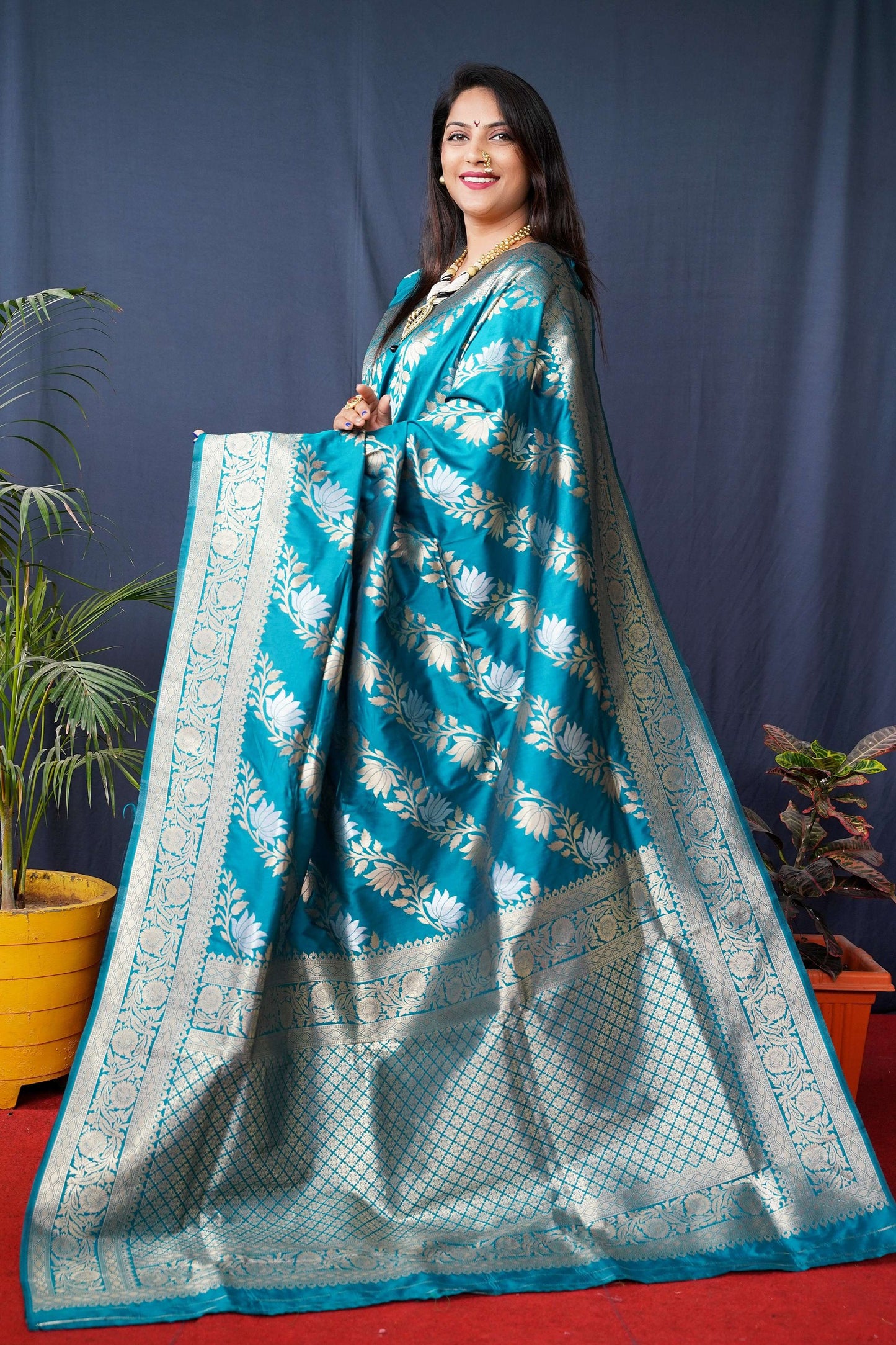 Jyoti Fashion Women's Teal Handloom Banarasi Silk Zari Woven Saree with Blouse