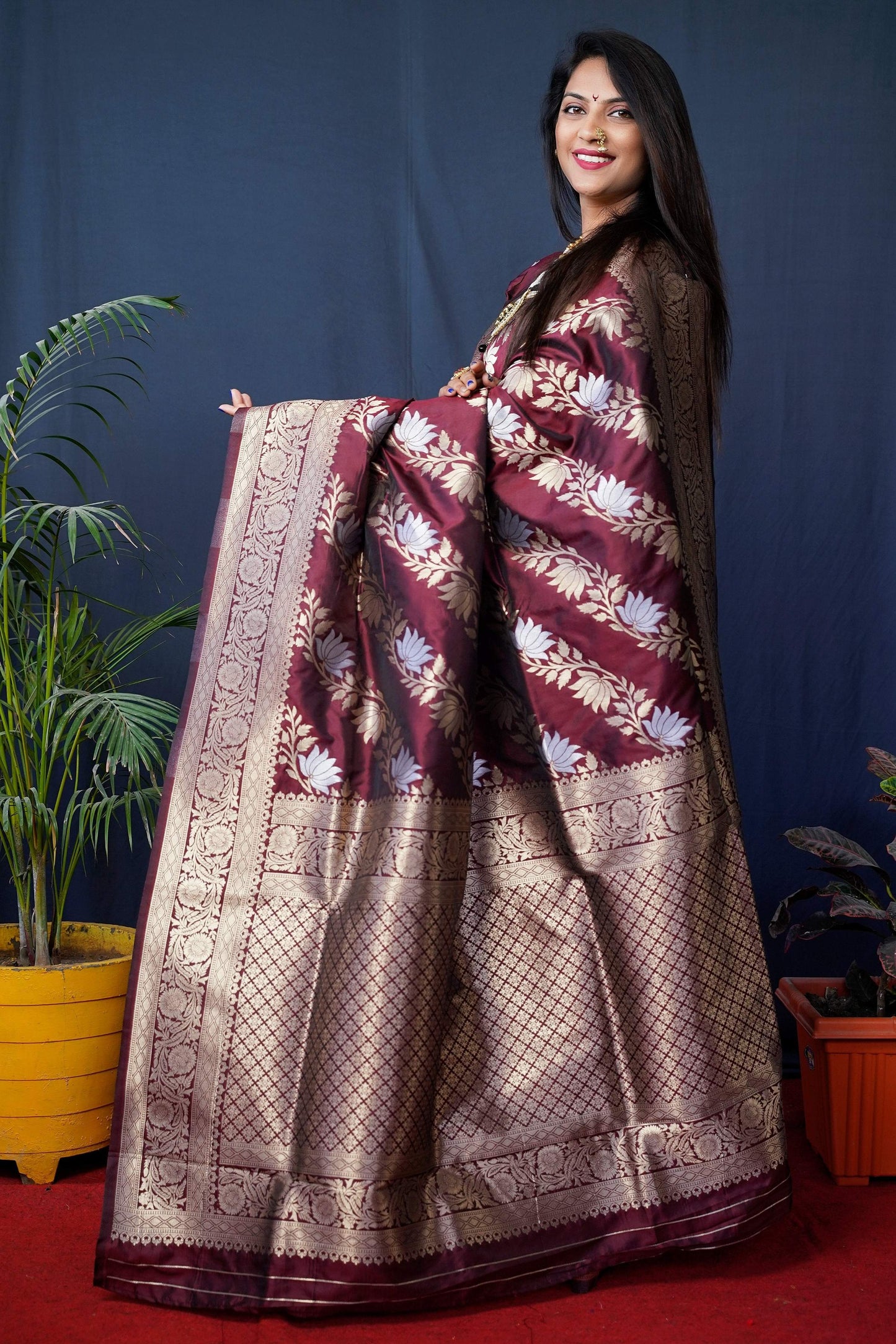 Jyoti Fashion Women's Maroon Handloom Banarasi Silk Zari Woven Saree with Blouse