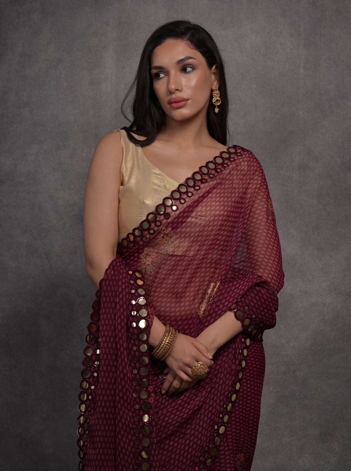 Jyoti Fashion Women's Maroon Chiffon Mirror Work Designer Saree with Blouse