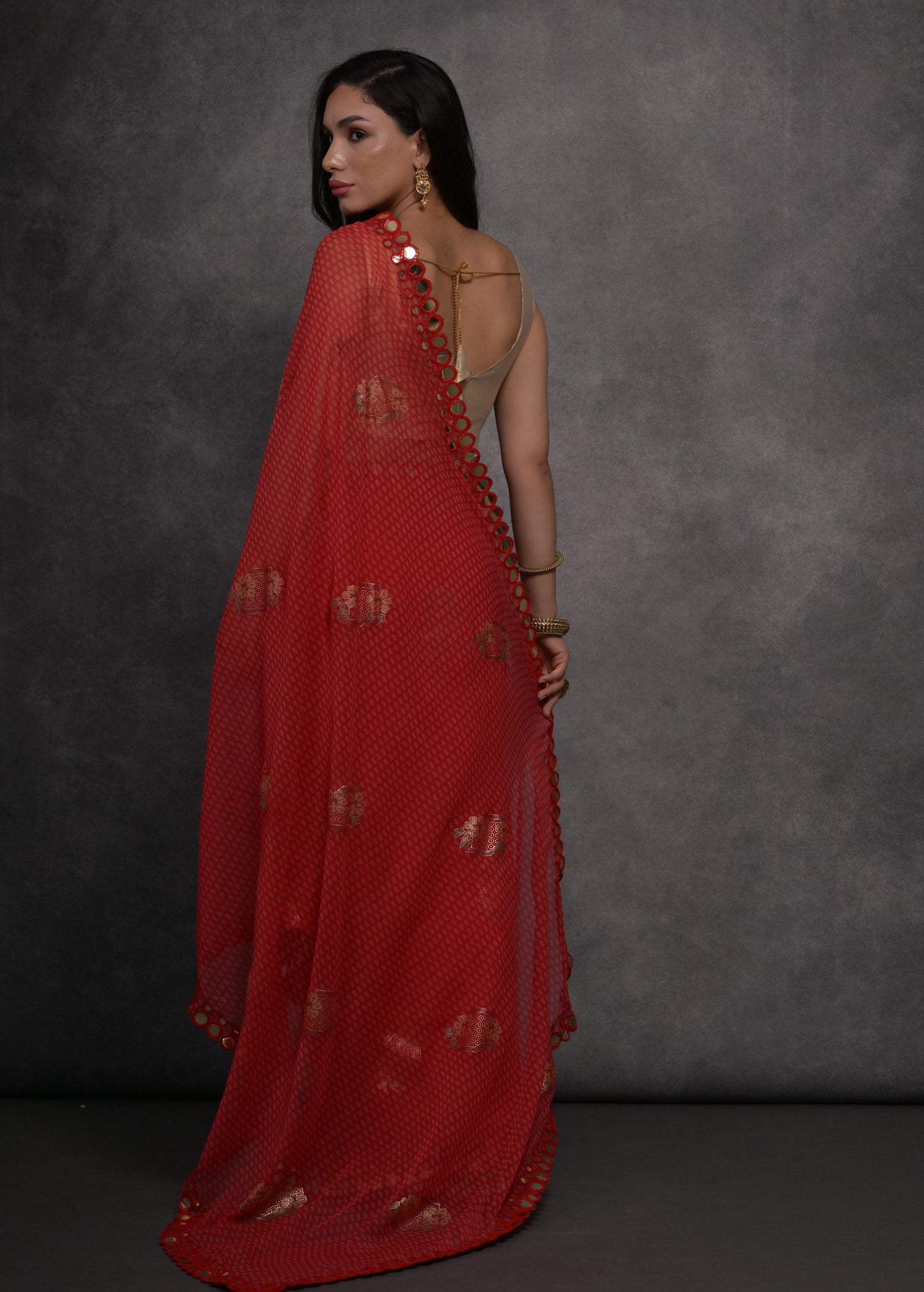 Jyoti Fashion Women's Red Chiffon Mirror Work Designer Saree with Blouse