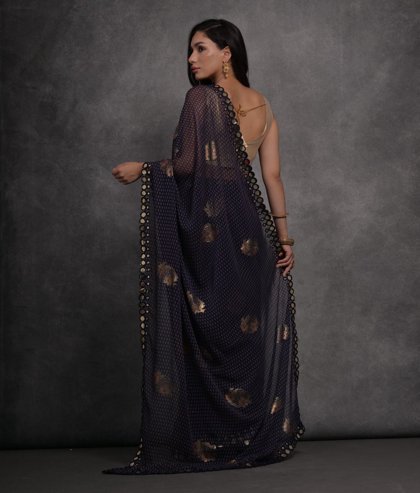 Jyoti Fashion Women's Navy Blue Chiffon Mirror Work Designer Saree with Blouse