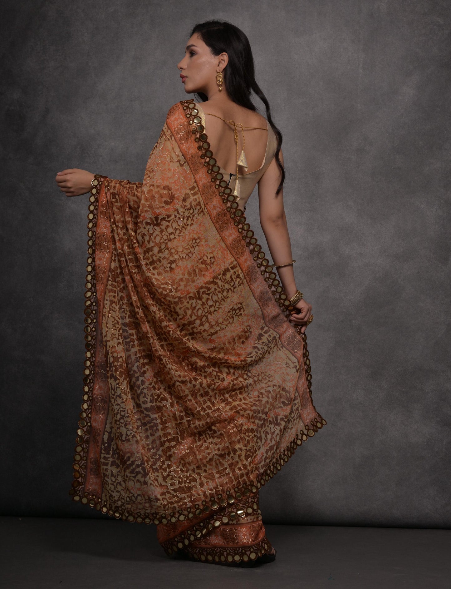 Jyoti Fashion Women's Brown Chiffon Mirror Work Designer Saree with Blouse