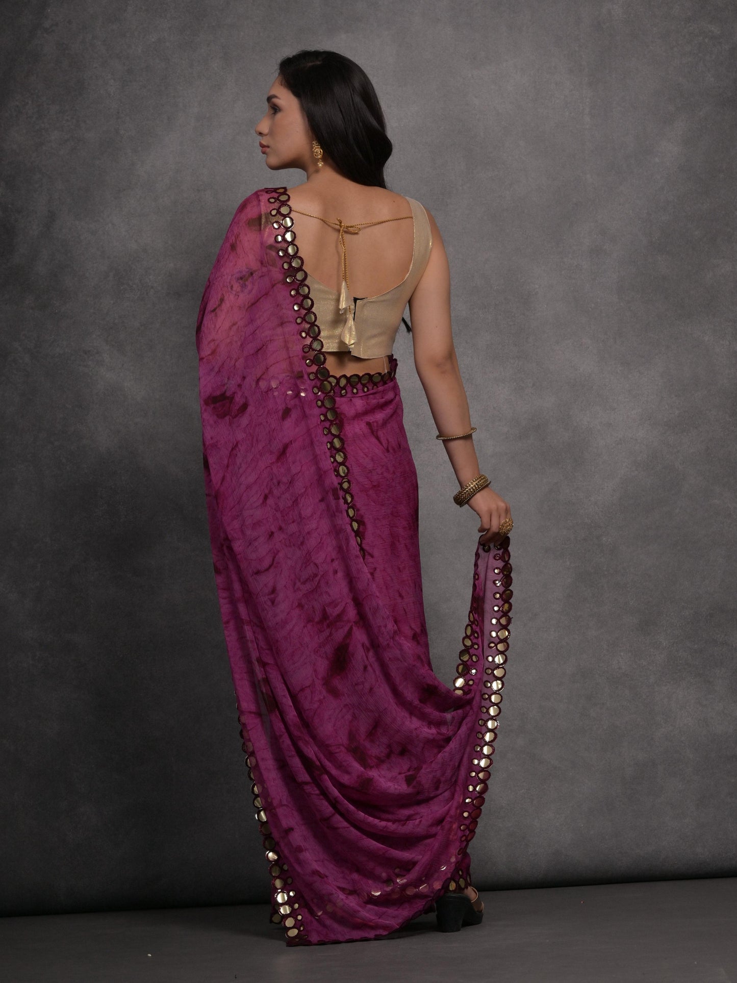 Jyoti Fashion Women's Wine Chiffon Print with Mirror Work Designer Saree with Blouse