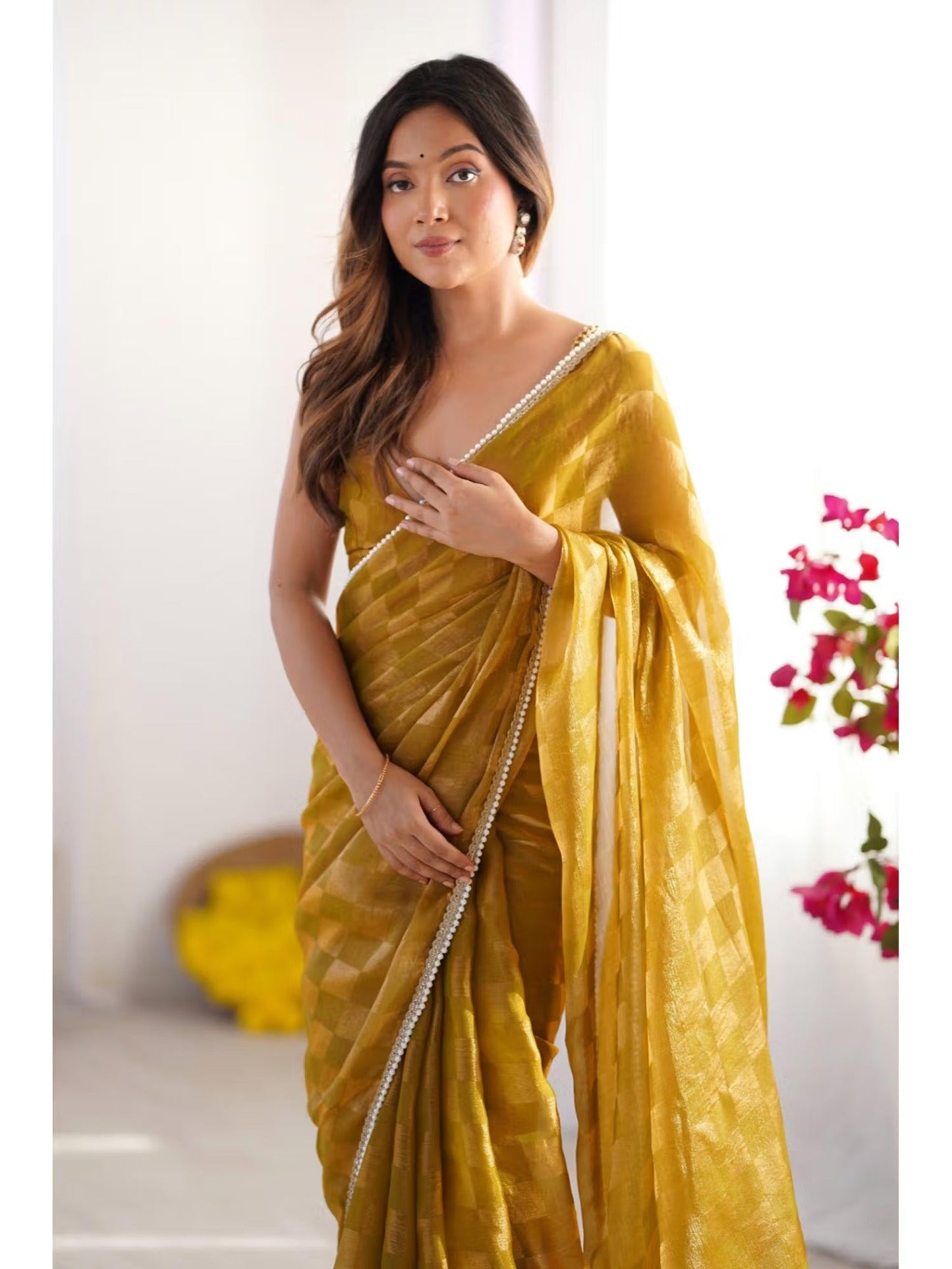 Jyoti Fashion Women's Mustard Box Chiffon Moti Lace Border Designer Saree with Blouse