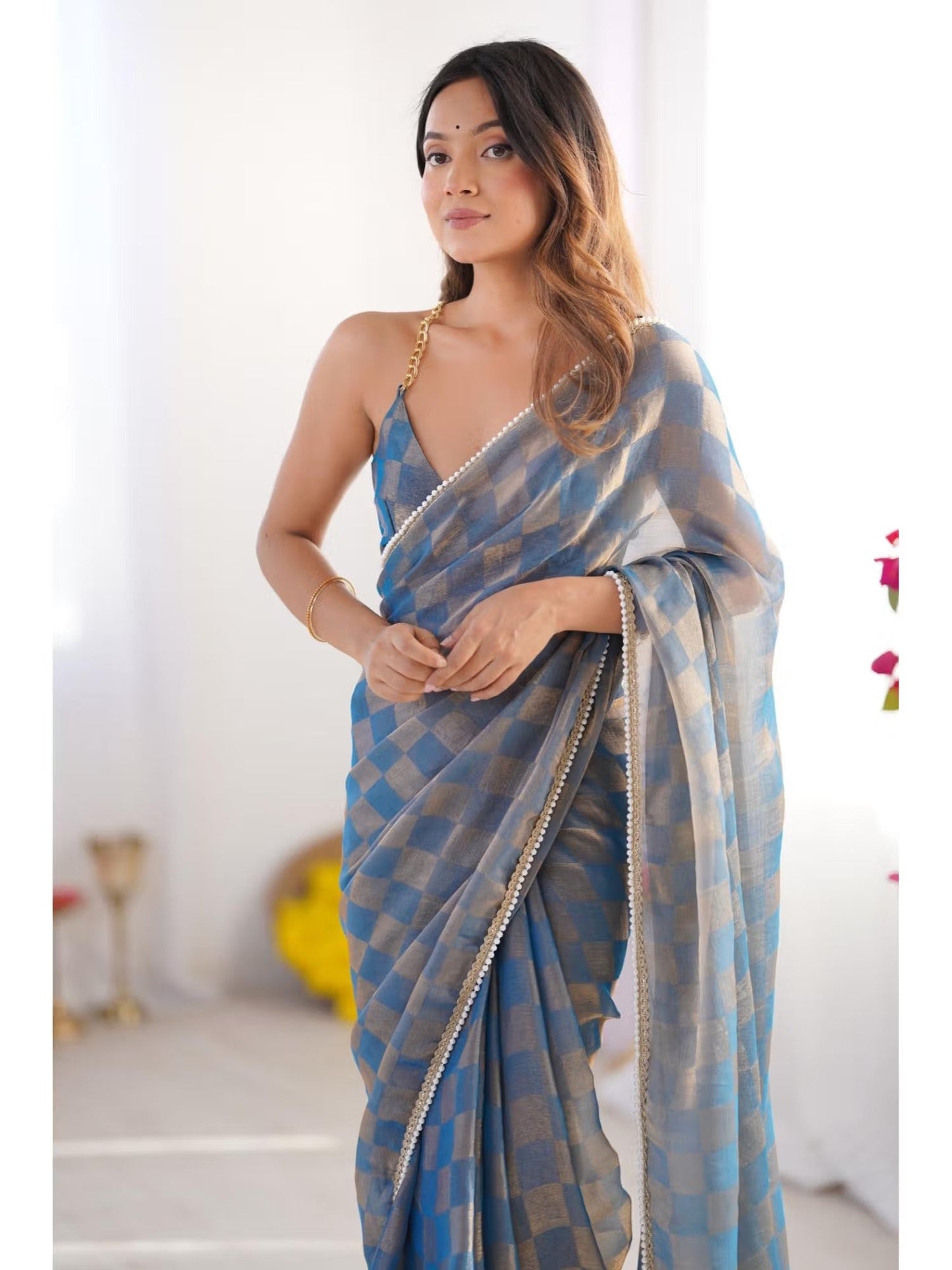 Jyoti Fashion Women's Blue Box Chiffon Moti Lace Border Designer Saree with Blouse