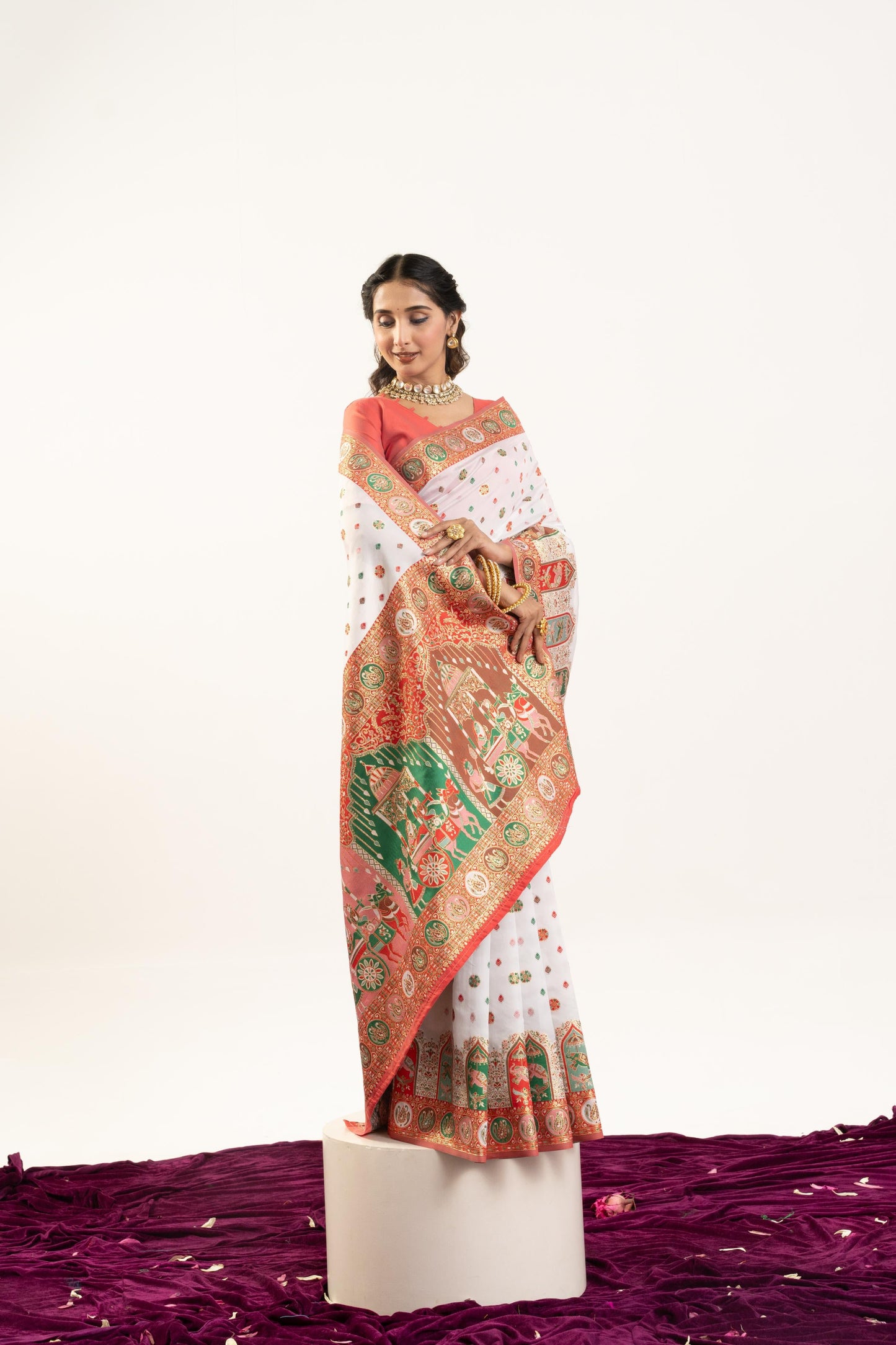 Jyoti Fashion Women's White Banarasi Pashmina Soft Silk Zari Woven Saree with Blouse