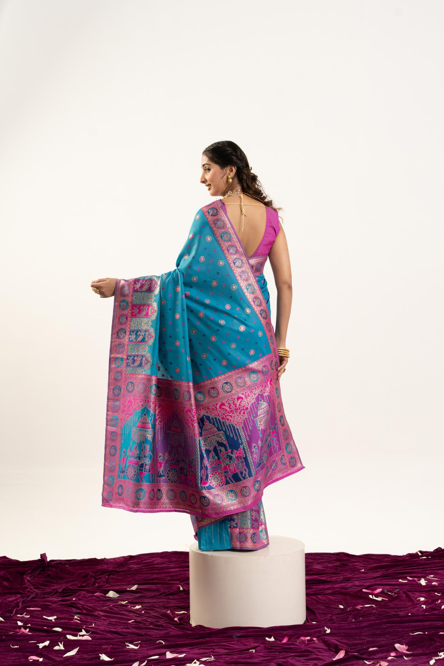 Jyoti Fashion Women's Turquoise Banarasi Pashmina Soft Silk Zari Woven Saree with Blouse