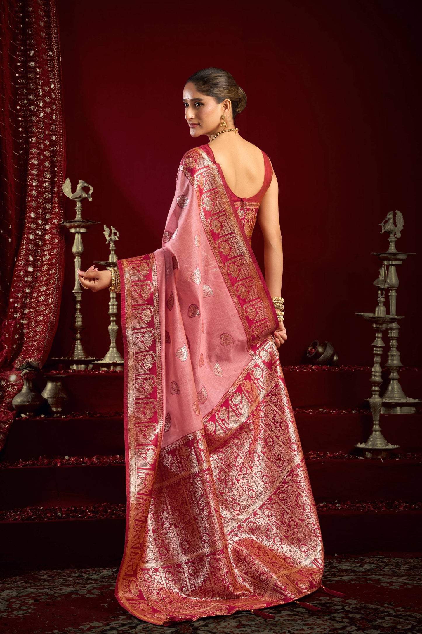 Jyoti Fashion Women's Baby Pink Modal Banarasi Zari Woven Saree with Blouse