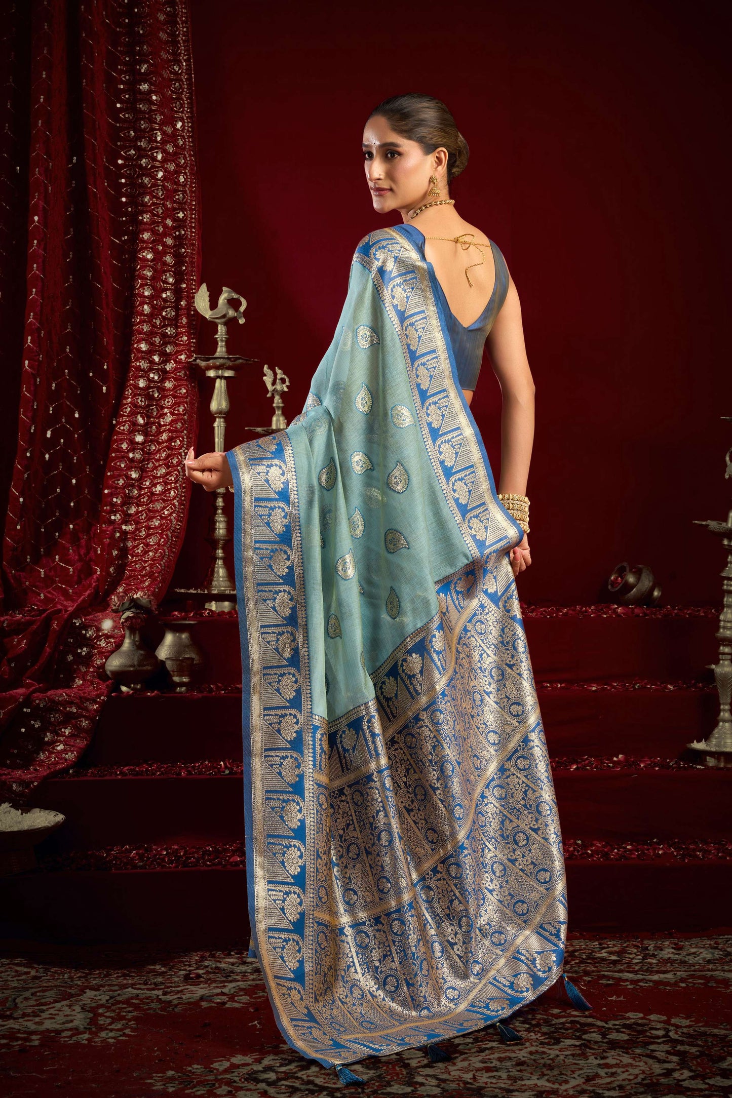 Jyoti Fashion Women's Sky Blue Modal Banarasi Zari Woven Saree with Blouse