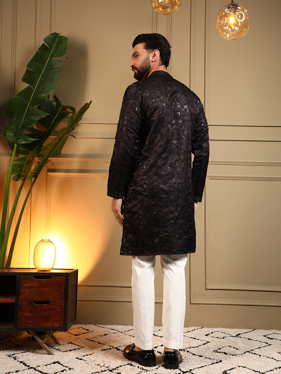 Jyoti Fashion Men's Black Royal Silk Sequins Embroidered Kurta with Pajama