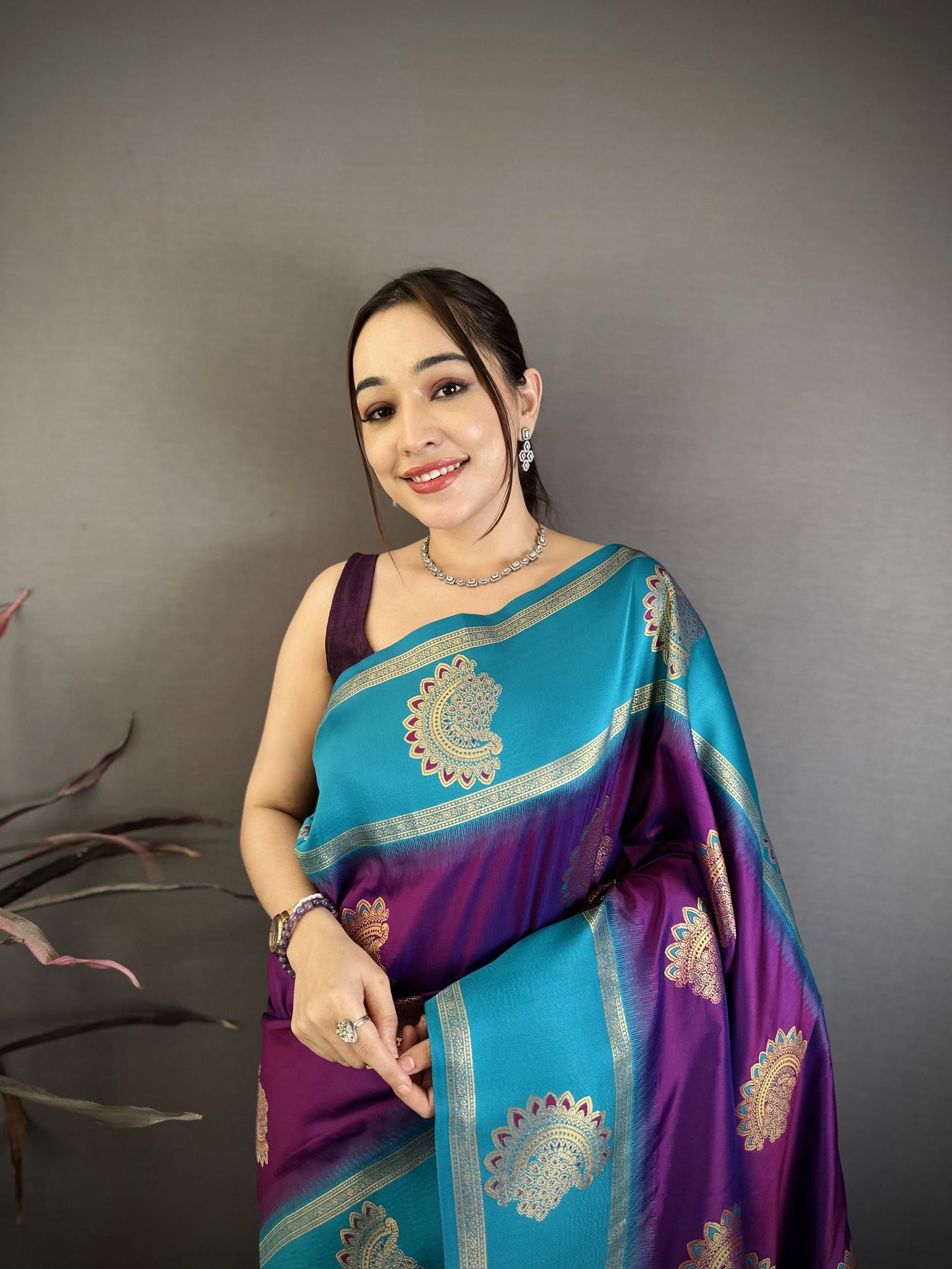 Elora Violet Soft Silk Gold Zari Woven Butta Banarasi Saree