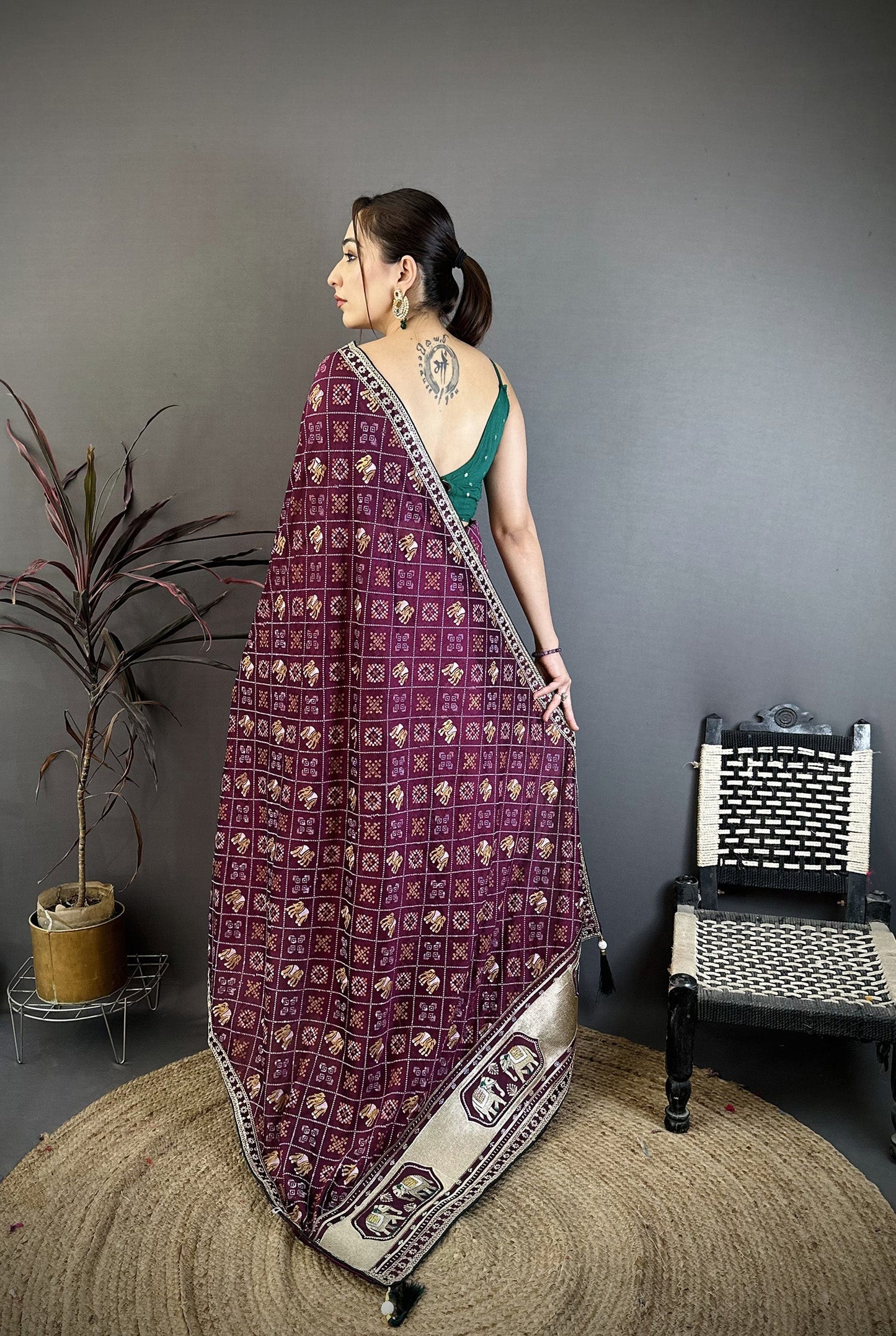 Elora Wine Vichitra Silk Animal Motifs Foil Print Sequence & Zari Embroidery Work Bandhani Saree