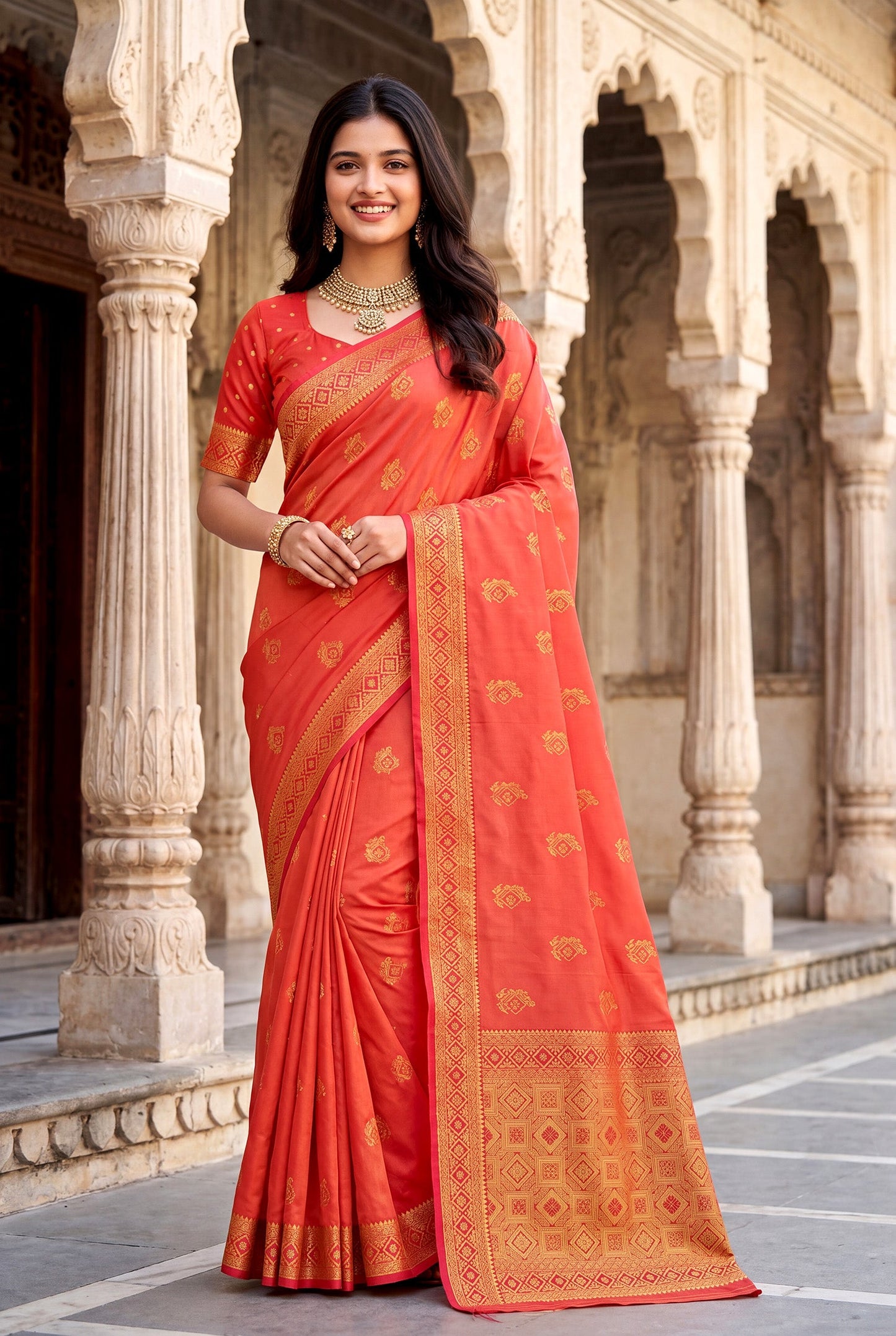 Elora Peach Soft Banarasi Silk Woven Designer Saree
