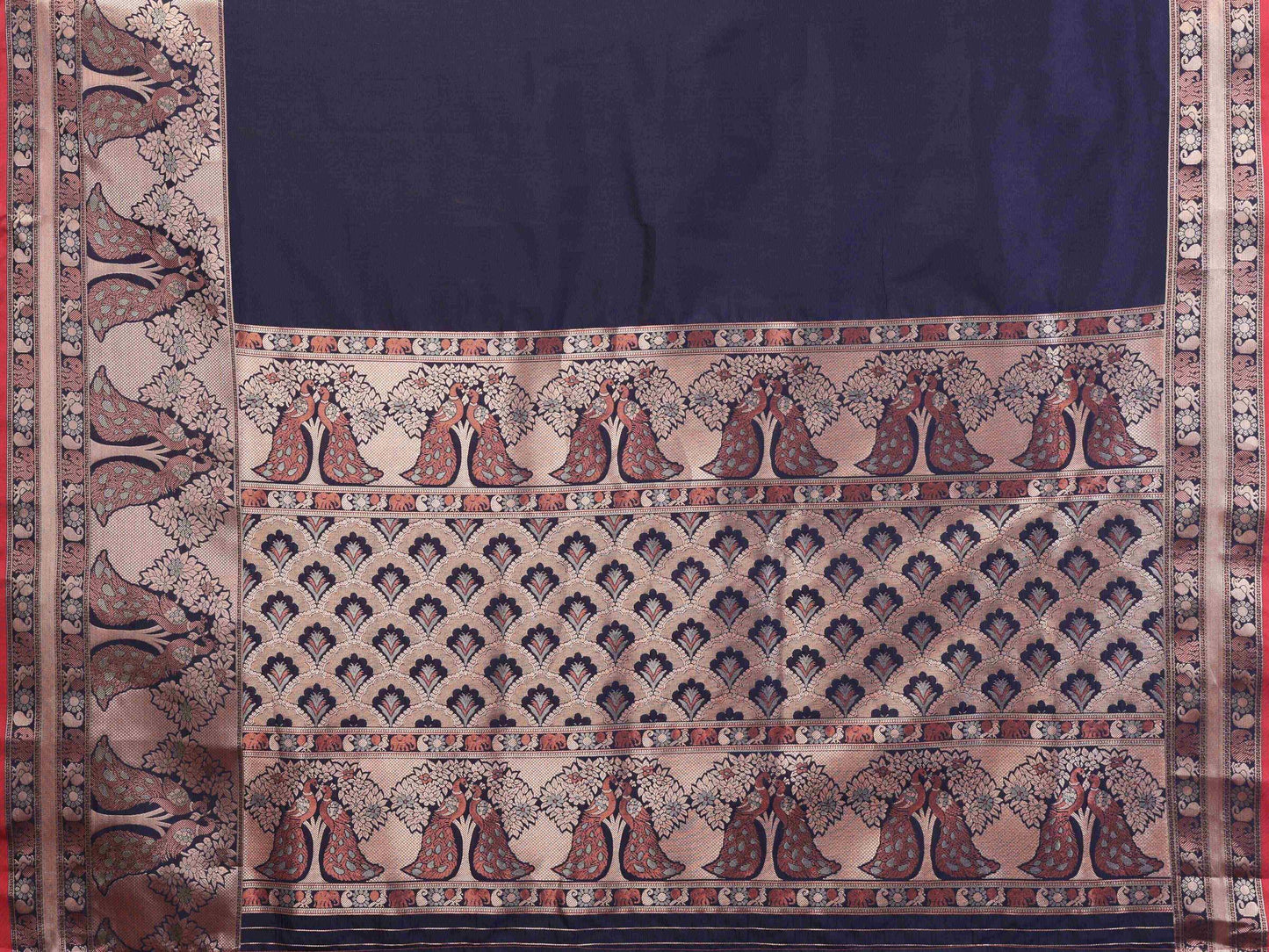 Elora Navy Blue Soft Silk Plain Banarasi With Peacock Zari Jacquard Weaving Border Saree