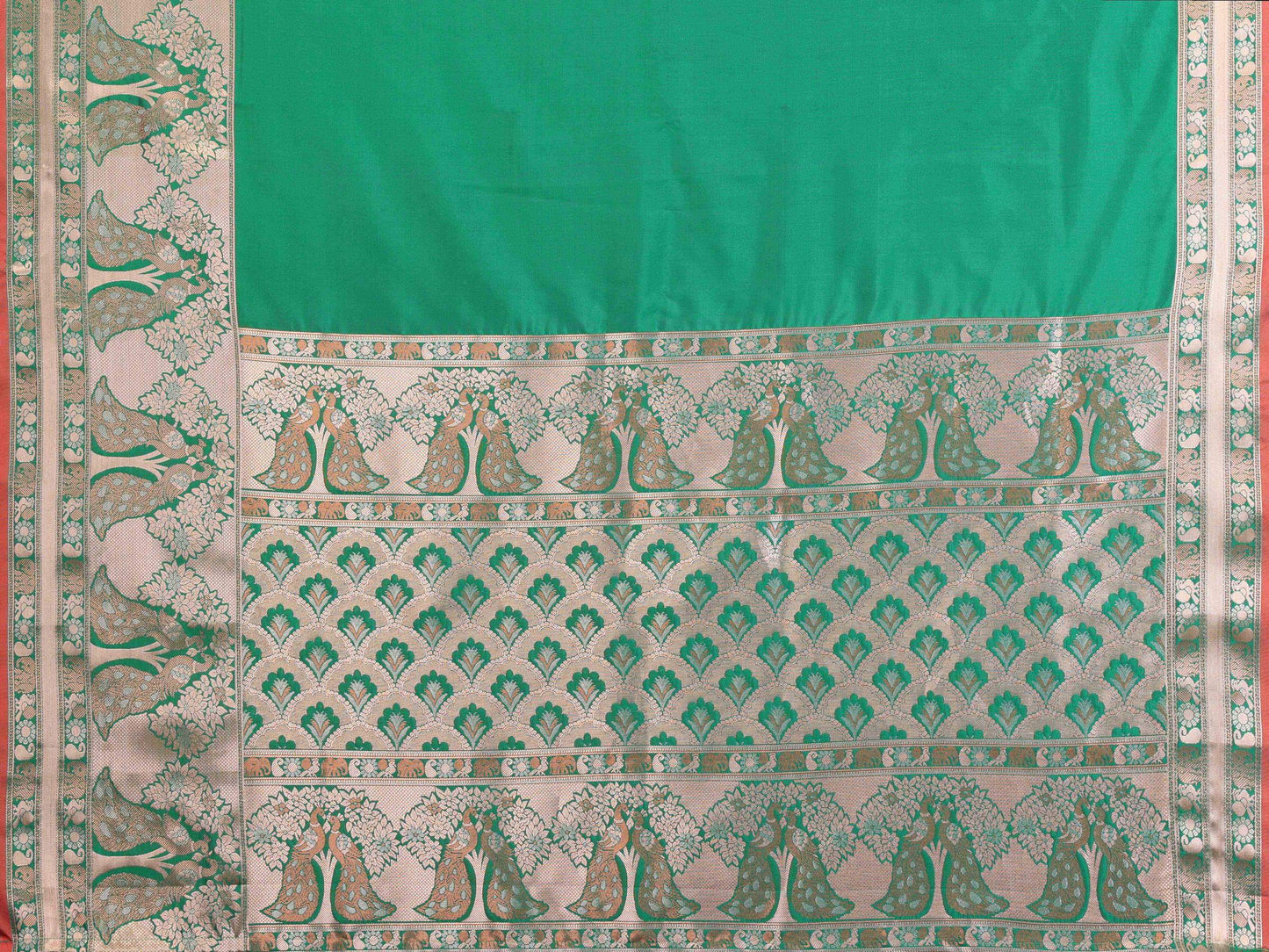 Elora Green Soft Silk Plain Banarasi With Peacock Zari Jacquard Weaving Border Saree