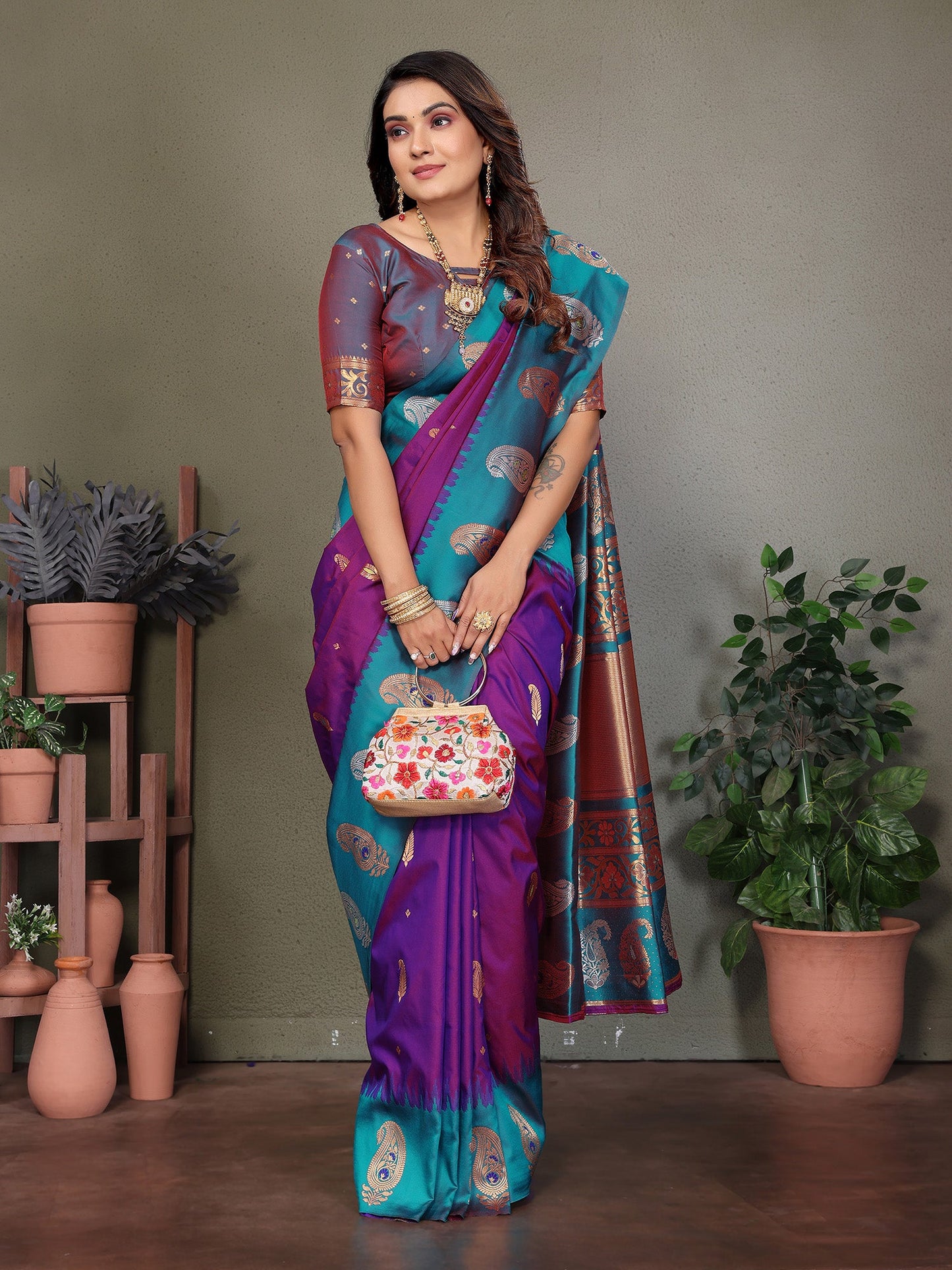 Elora Purple Soft Silk Silver And Golden Zari Weaving Banarasi Saree With Paisley Zari Work Border