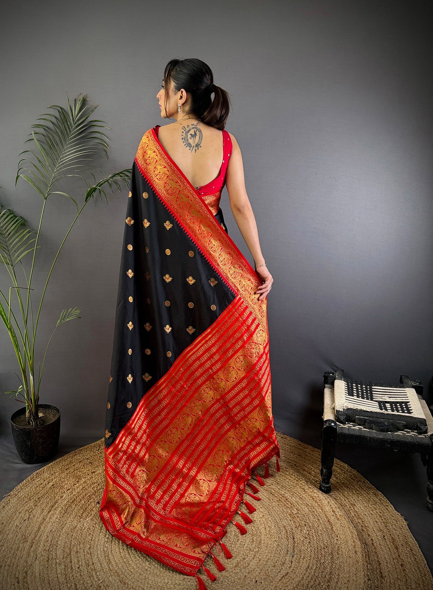 Elora Black Soft Silk Small Butti Zari Weaving Banarasi Saree With Woven Designer Saree