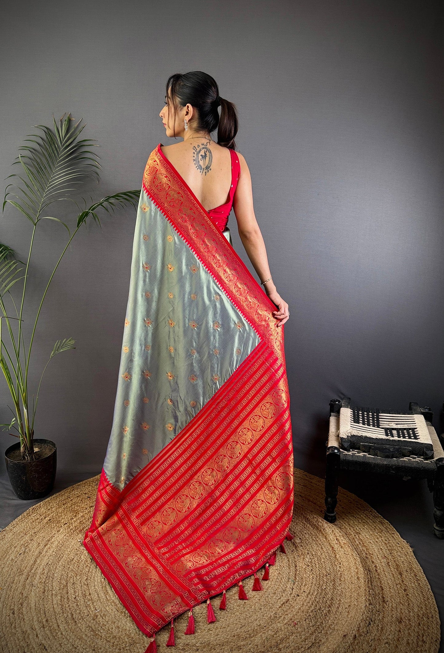 Elora Grey Soft Silk Small Butti Zari Weaving Banarasi Saree With Woven Designer Saree