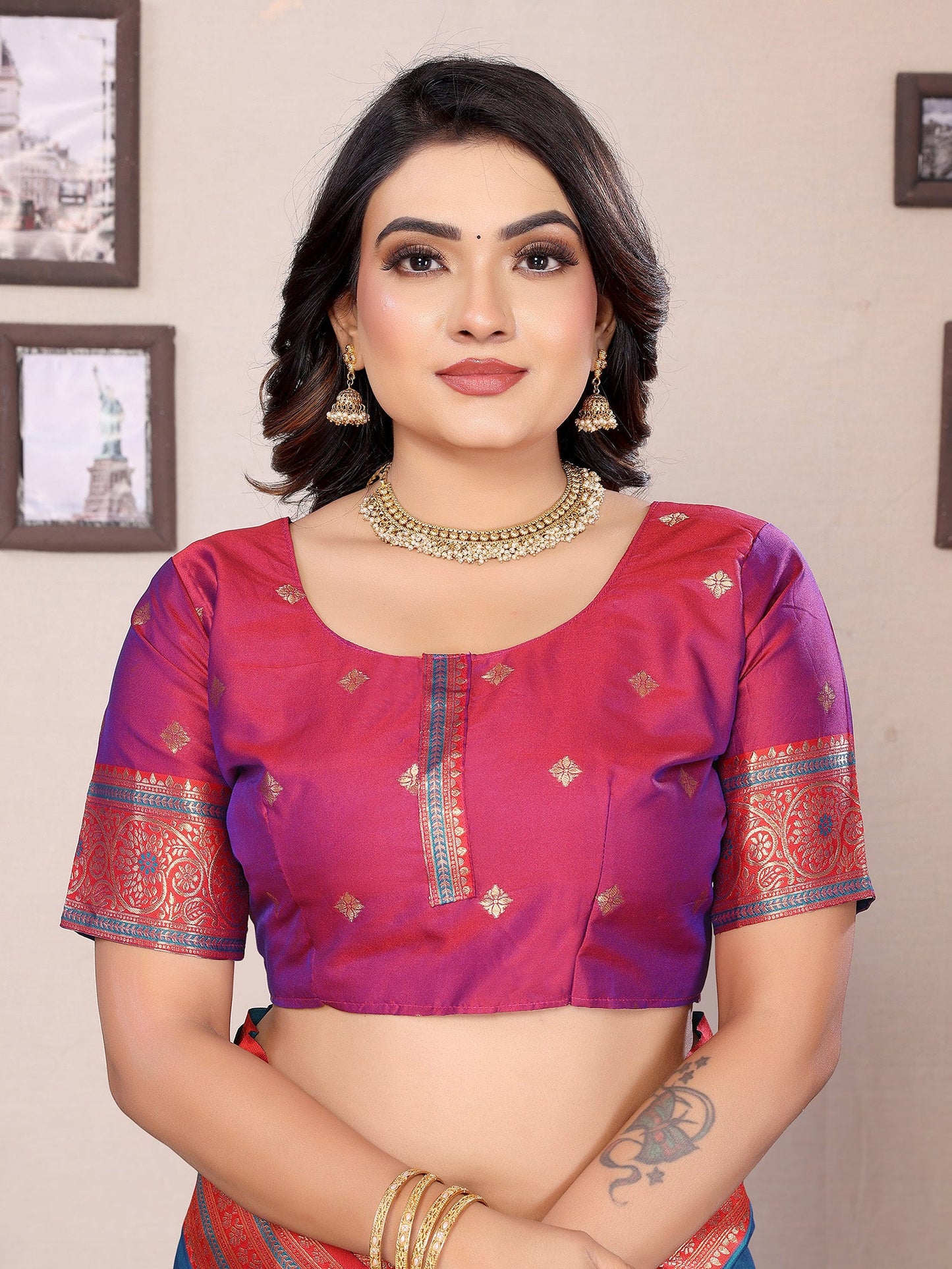 Elora Royal Blue Soft Silk Zari Butta Weaving Work Banarasi Saree With Contrast Pallu And Blouse