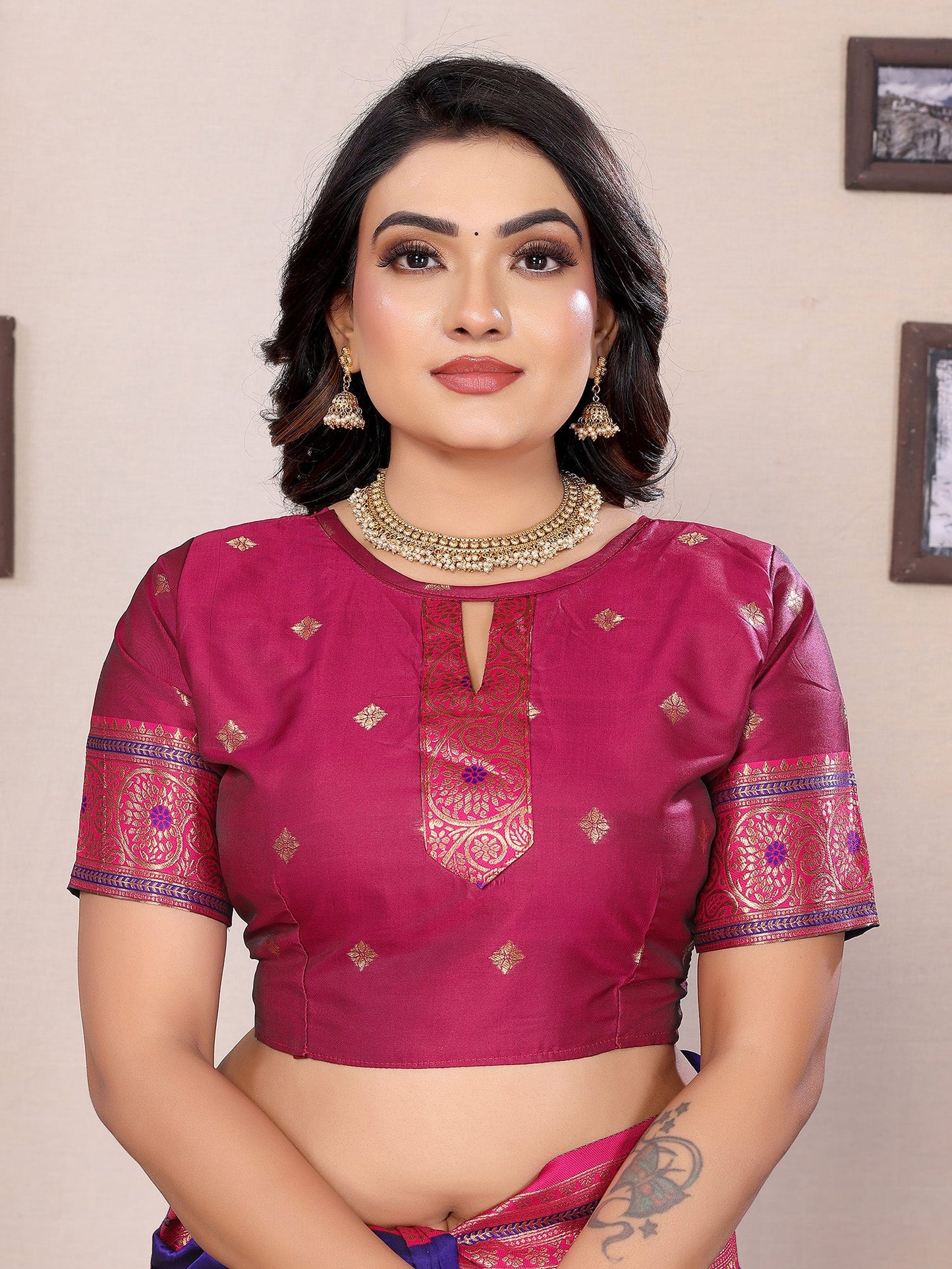 Elora Purple Soft Silk Zari Butta Weaving Work Banarasi Saree With Contrast Pallu And Blouse