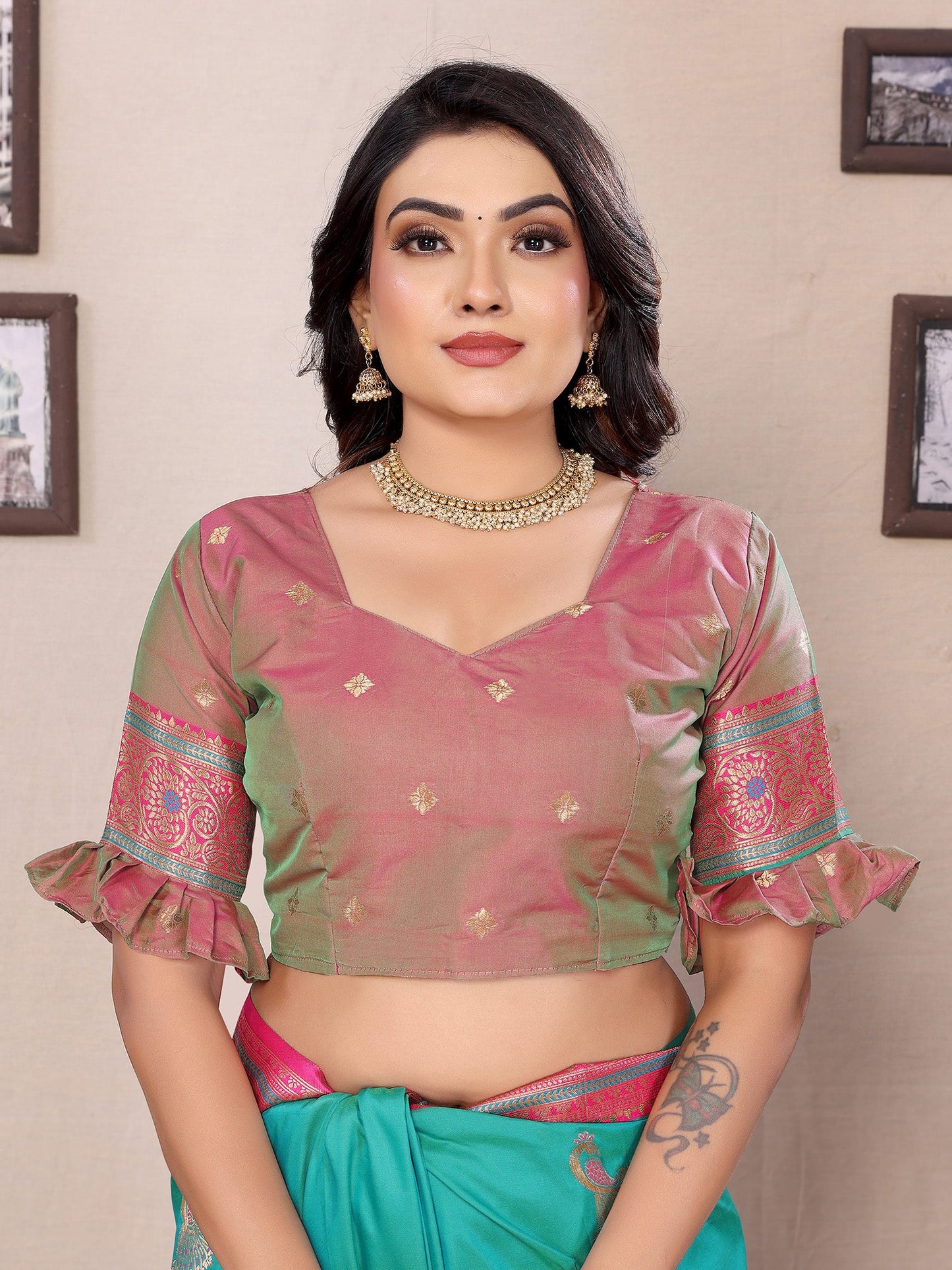 Elora Turquoise Soft Silk Zari Butta Weaving Work Banarasi Saree With Contrast Pallu And Blouse