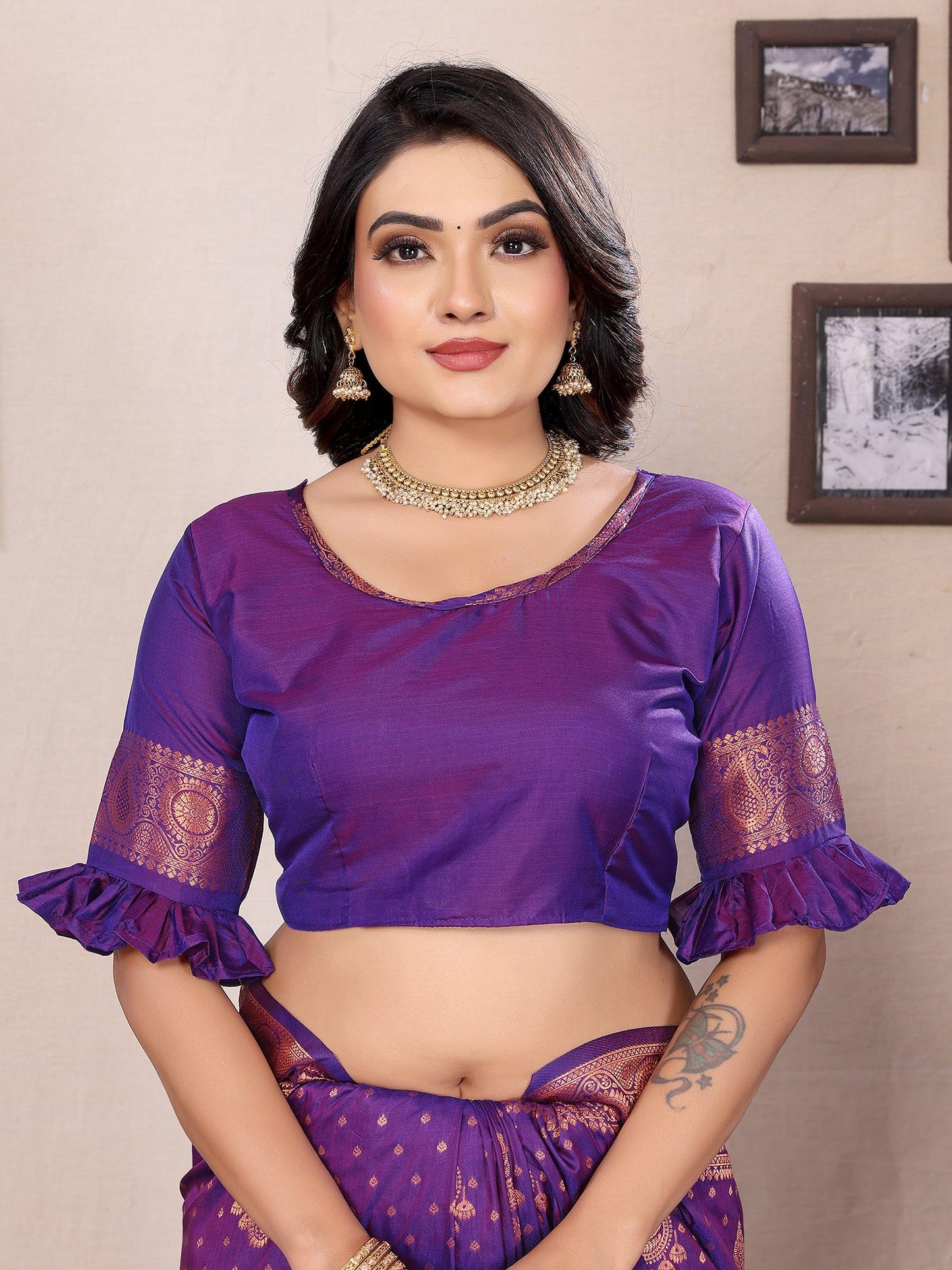 Elora Purple Soft Silk Woven Copper Zari Weaving Banarasi Saree With Contrast Blouse