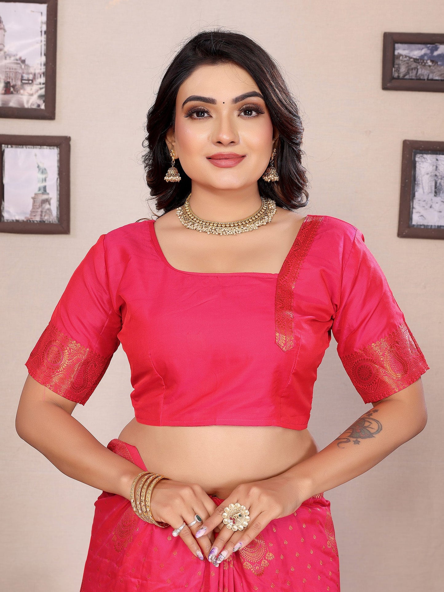 Elora Hot Pink Soft Silk Woven Copper Zari Weaving Banarasi Saree With Contrast Blouse