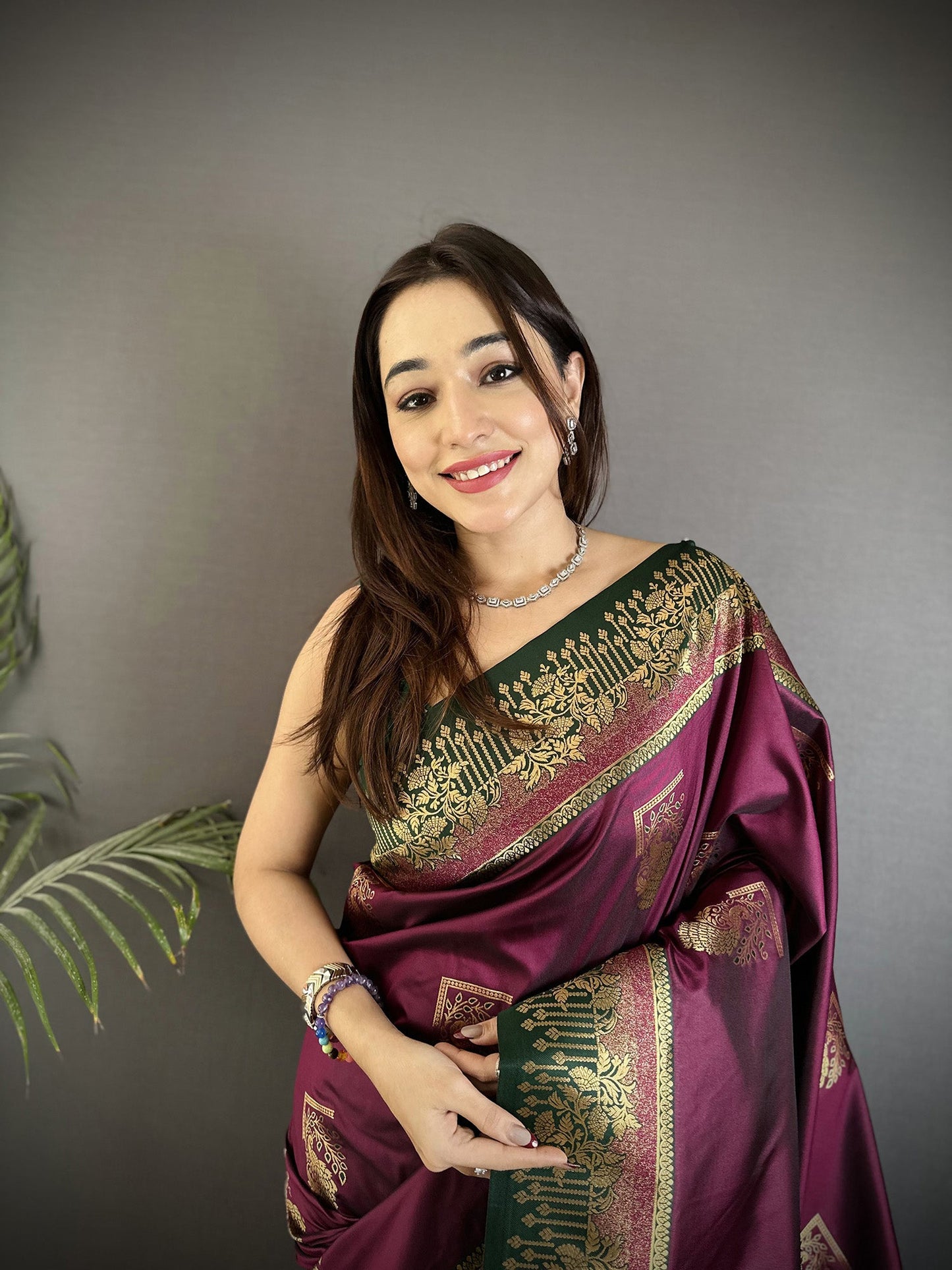 Elora Maroon Soft Silk Dual Zari Peacock Butta Worked Banarasi Saree