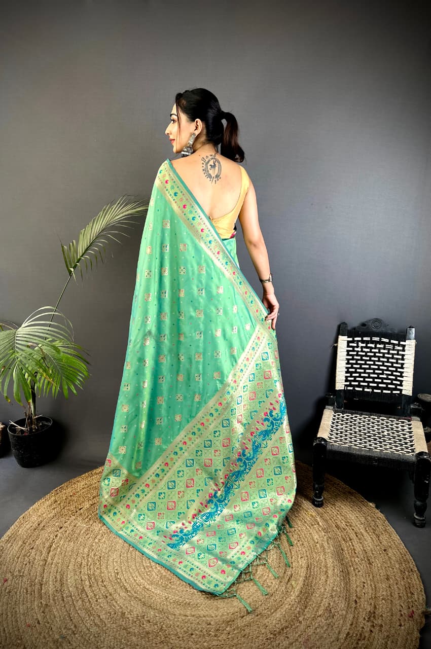 Joban Fashion Sea Green Banarasi Lichi Silk Meenakari Weaving Saree