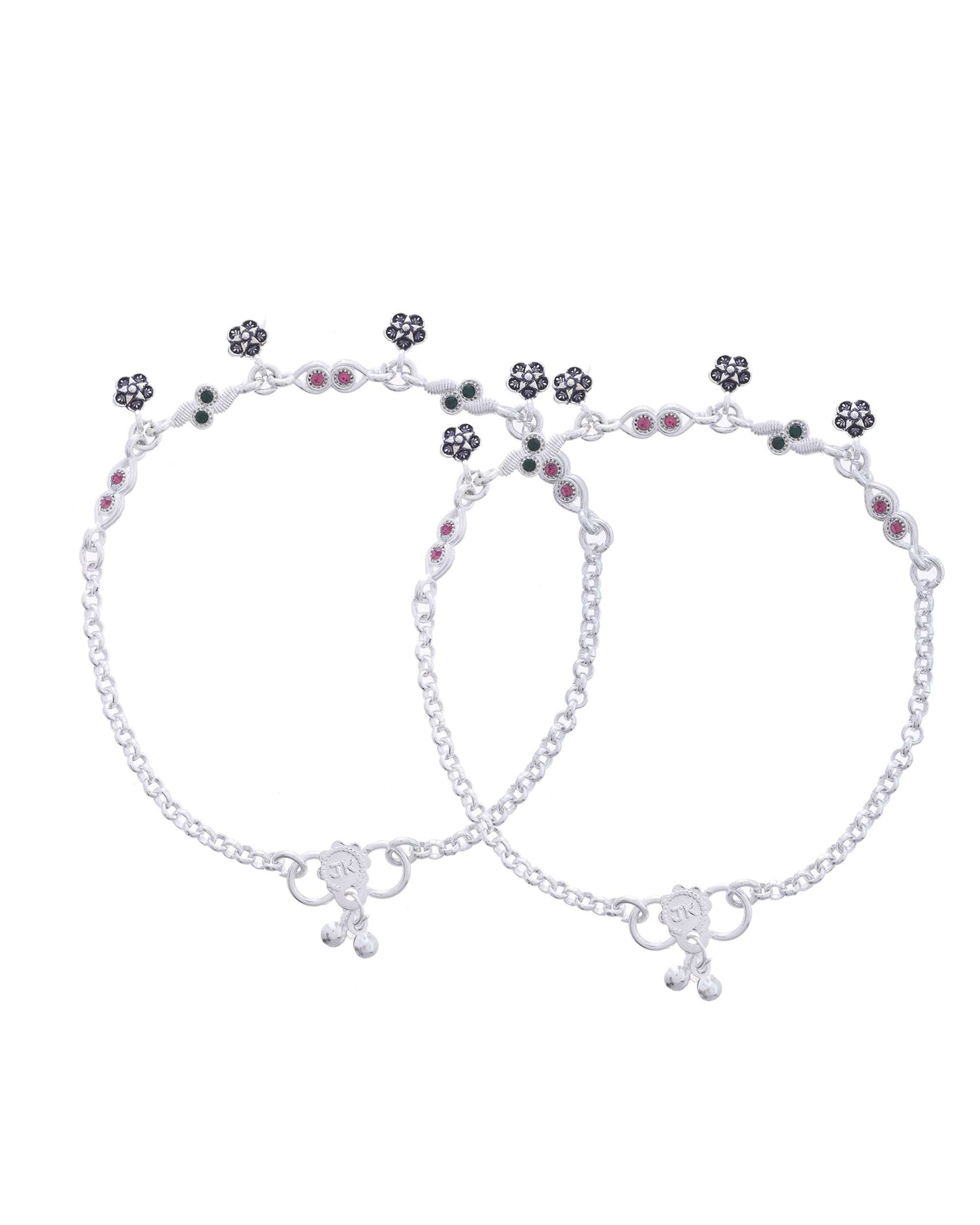 Jewels Nest Set of 2 Silver-Plated Anklets with Multicolour Stone-Studded Flower Charms