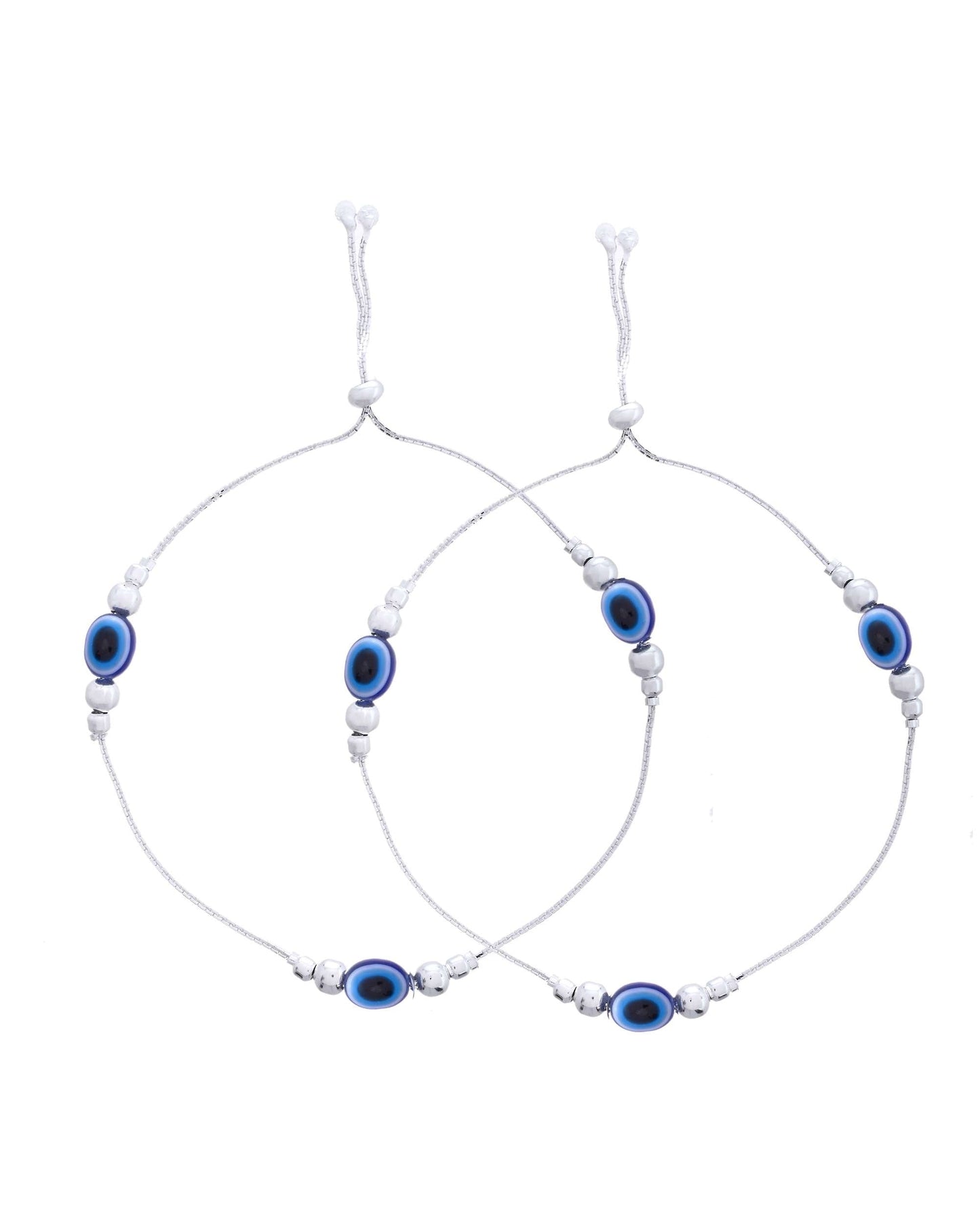 Jewels Nest Set of 2 Silver-Plated Stainless Steel Evil Eye Beaded Anklets