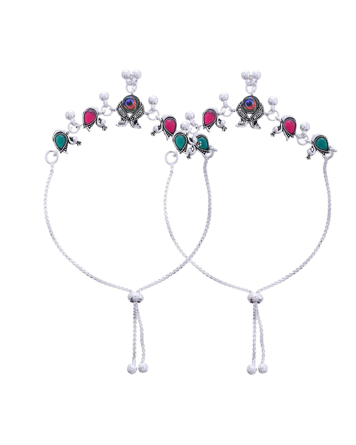 Jewels Nest Set of 2 Silver-Plated Green Stone & Bead Anklets in Stainless Steel