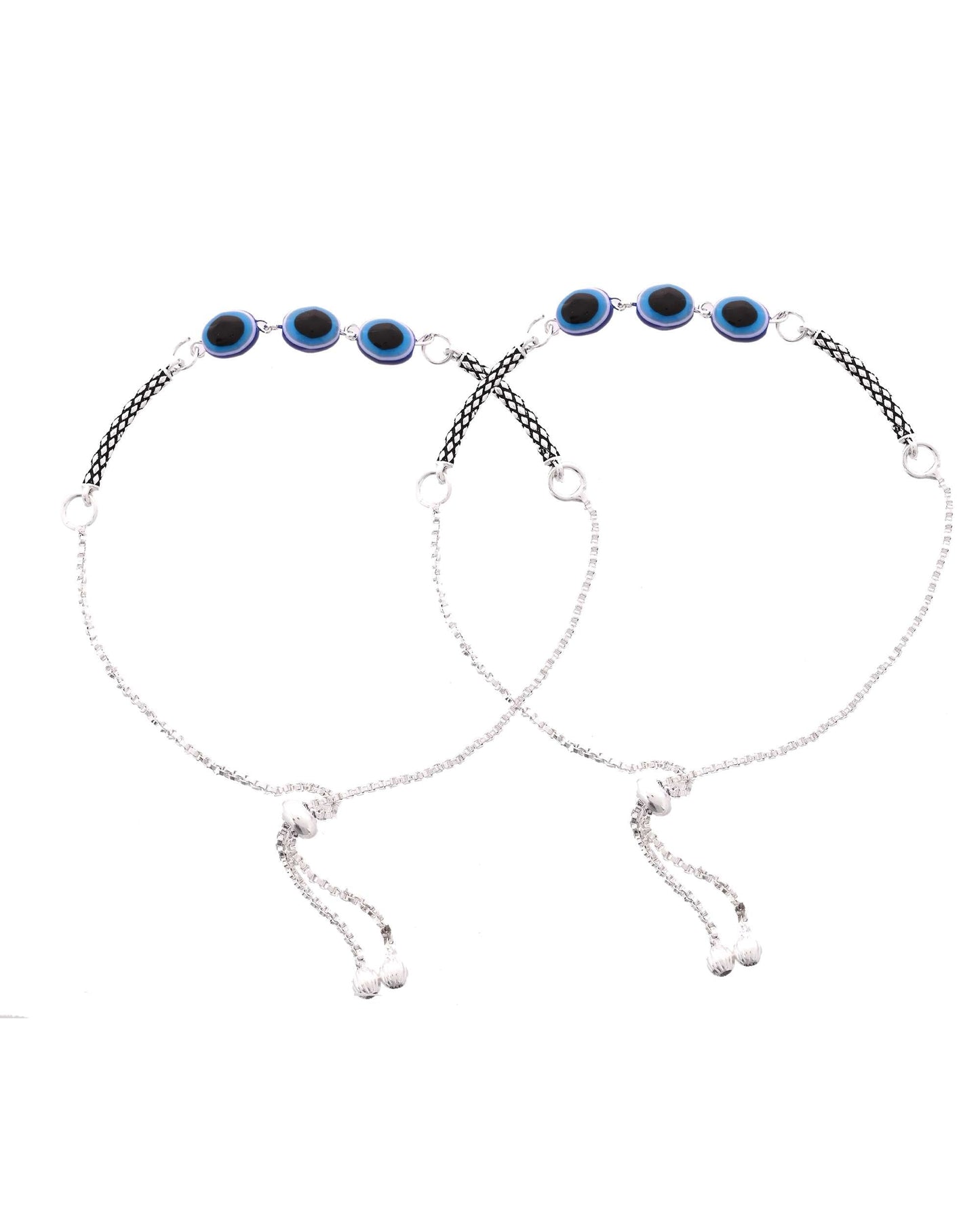 Jewels Nest Set of 2 Silver-Plated Stainless Steel Evil Eye Oval Beaded Anklets