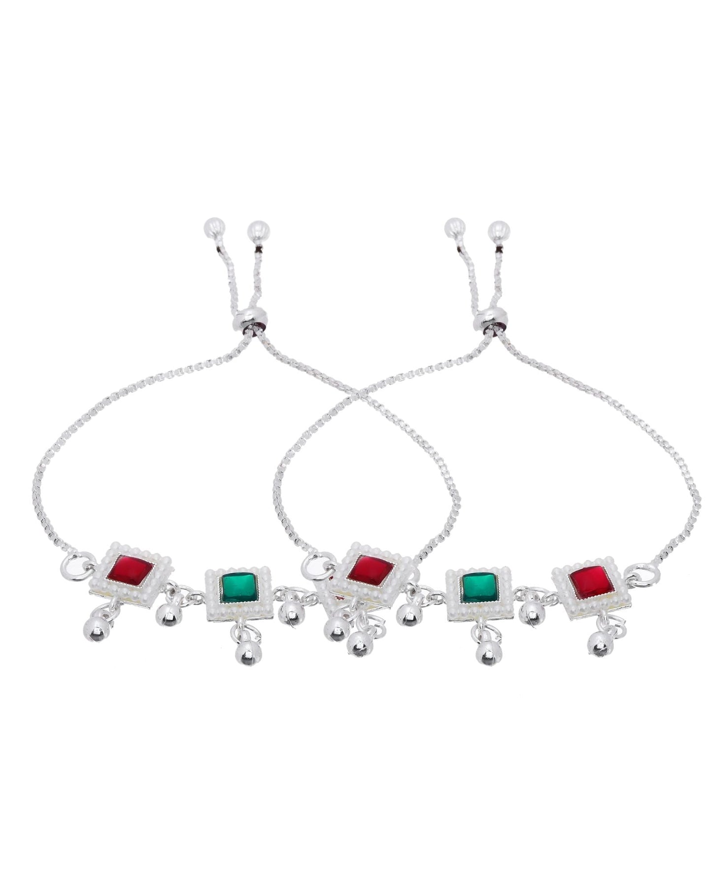 Jewels Nest Silver Plated Square Stone Adjustable Anklet With Ghungroo Charms For Women