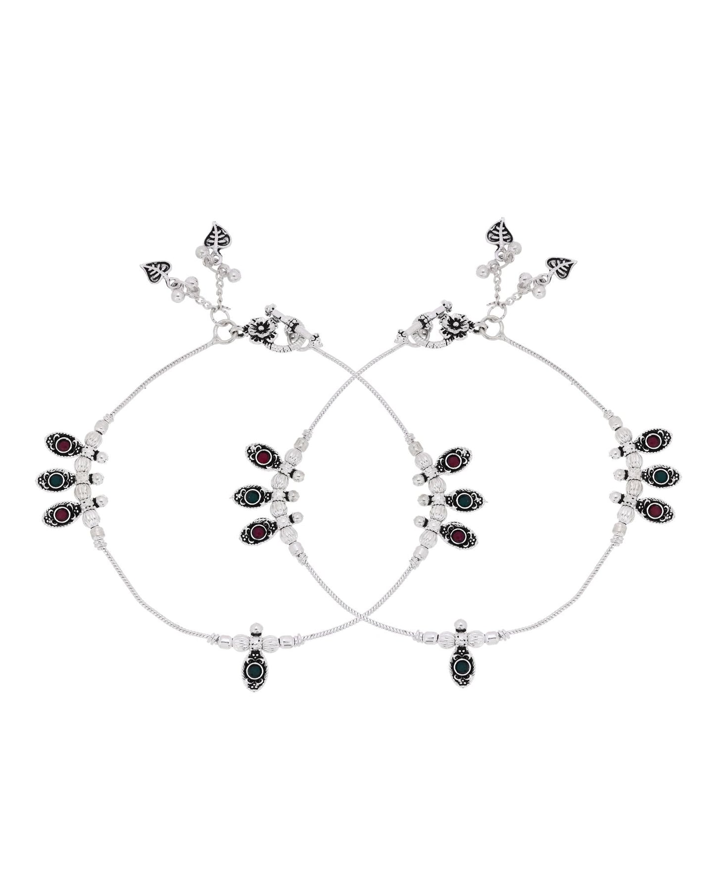 Jewels Nest Silver Plated Oval Stone Adjustable Anklet With Leaf Charms For Women