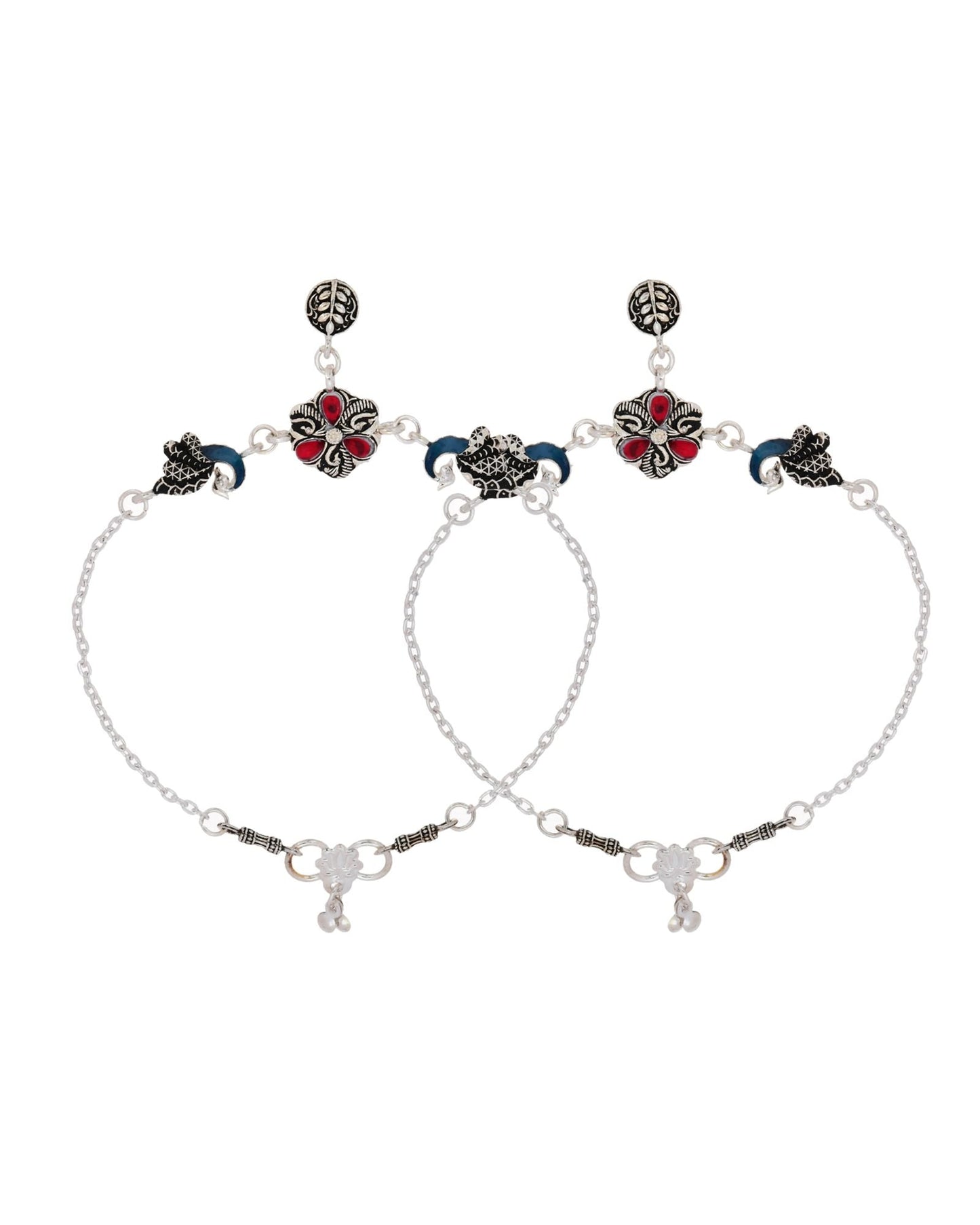 Jewels Nest Vintage Floral Charm Silver Anklet With Enamel Accents And Dangling Motifs