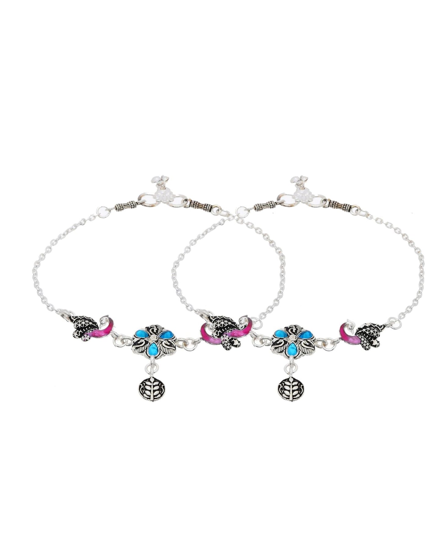 Jewels Nest Peacock Blossom Silver Anklet With Turquoise Enamel And Artistic Danglers