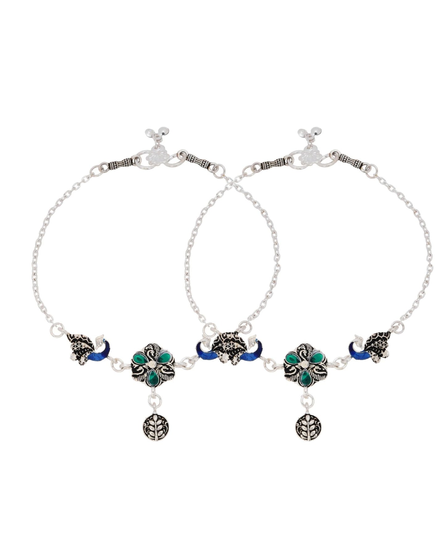 Jewels Nest Royal Peacock Charm Silver Anklet With Emerald Floral Centre And Leaf Drop