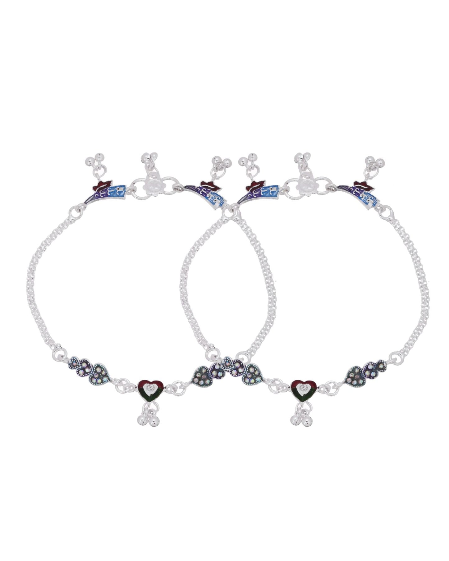 Jewels Nest Eternal Heart Silver Anklet With Multicolour Enamel Motifs And Bell Drop Detail