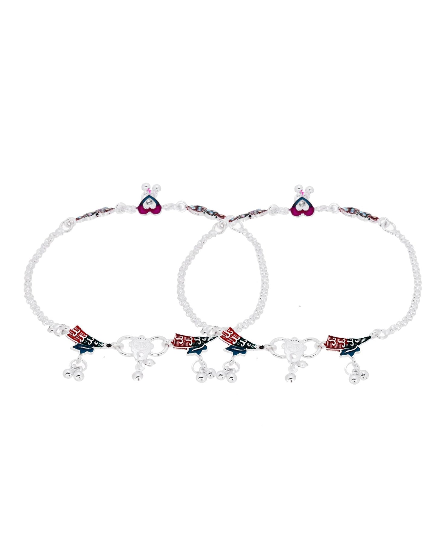 Jewels Nest Celebration Heart Silver Anklet With Enamel Accents And Twin Bell Charm