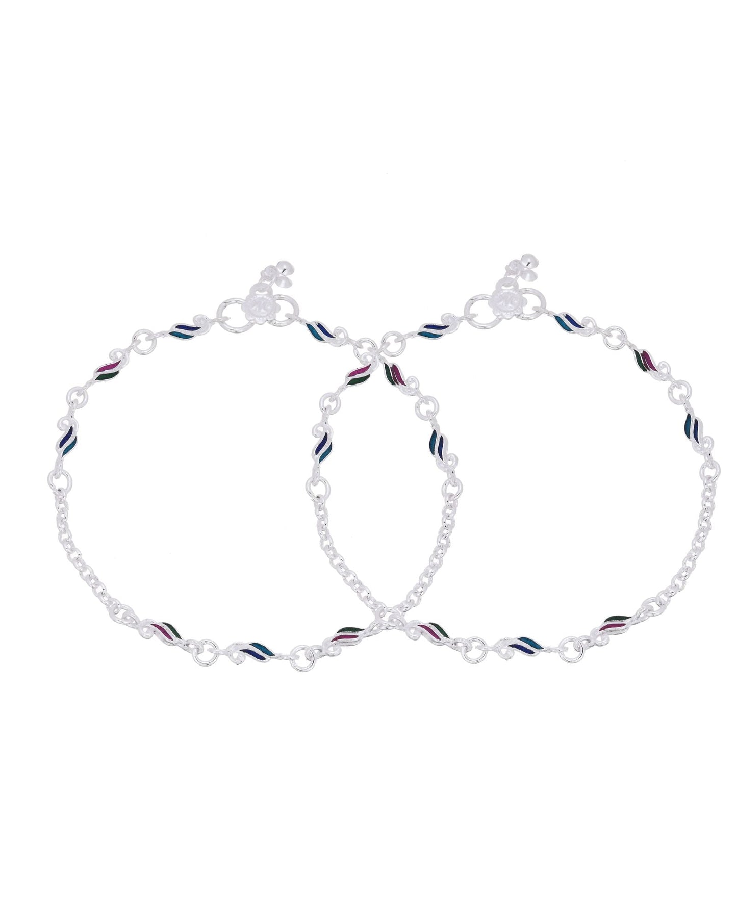 Jewels Nest Graceflow Silver Anklet With Multi Color Enamel Wave Links And Bell Finish
