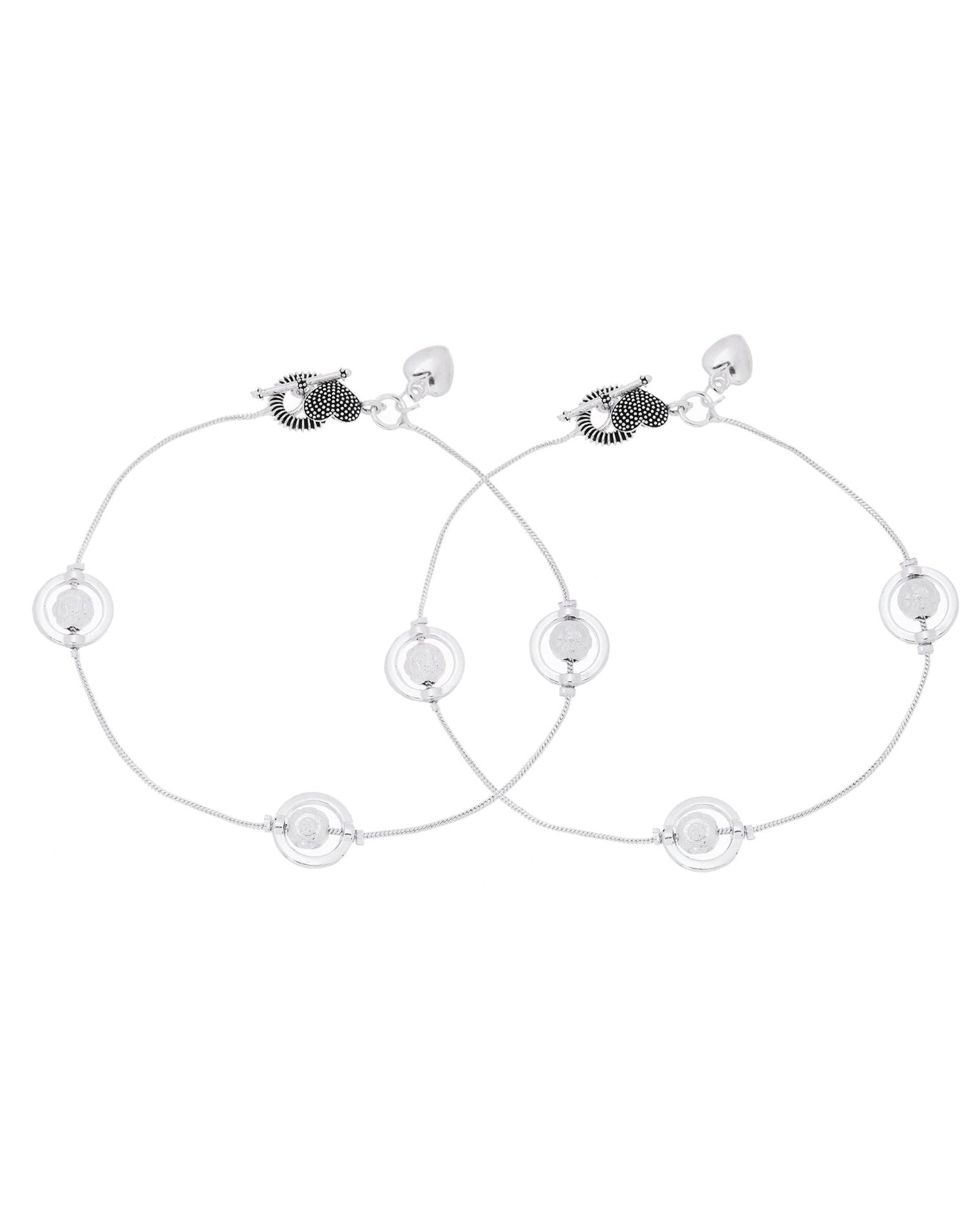 Jewels Nest Orbit Glow Silver Anklet With Circular Disc Accents And Heart Toggle Closure