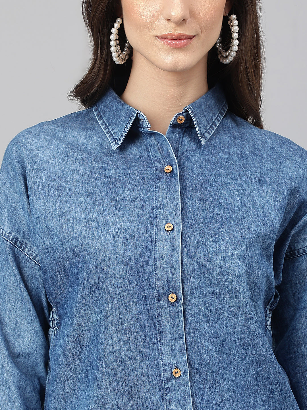 Janasya Women's Blue Denim Solid Shirt Style Top